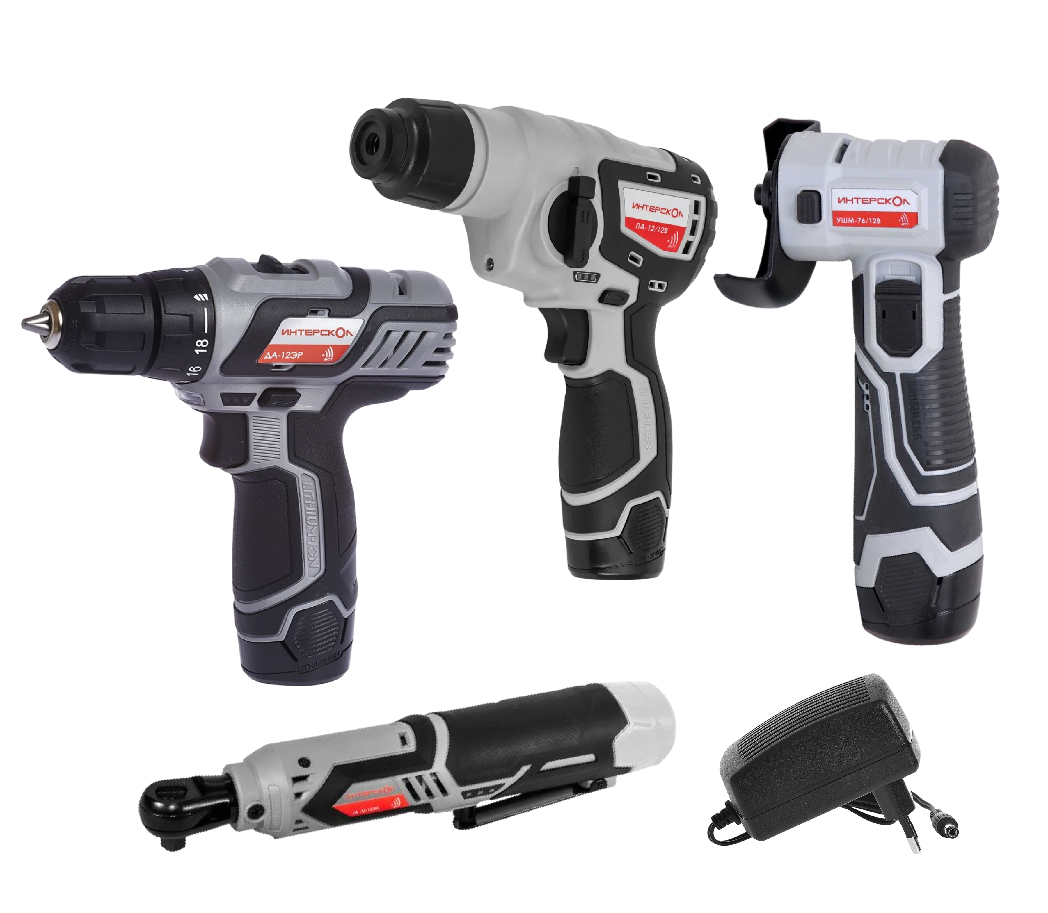 Набор электроинструмента ИНТЕРСКОЛ 12 В: ДА-12ЭР 28 + ГА-70/12ВЭ + ПА-12/12В +УШМ-76/12В, с 2 АКБ 2 Ач и ЗУ