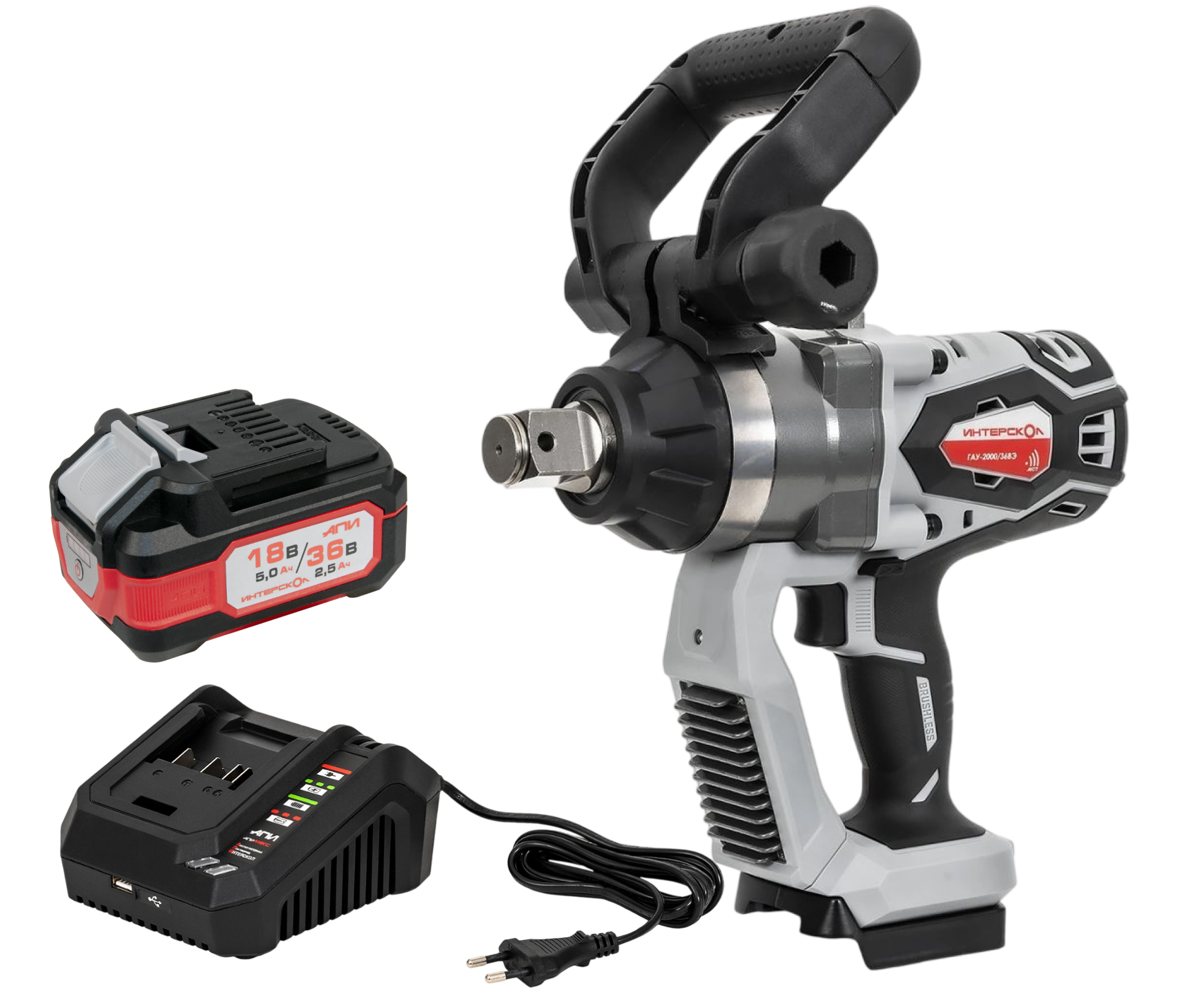Аккумуляторный ударный гайковерт ИНТЕРСКОЛ ГАУ-2000/36ВЭ, 36 В, 2000 Нм, 25500 уд/мин, с АКБ 2.5 Ач и ЗУ (820.0.0.70-B25C)