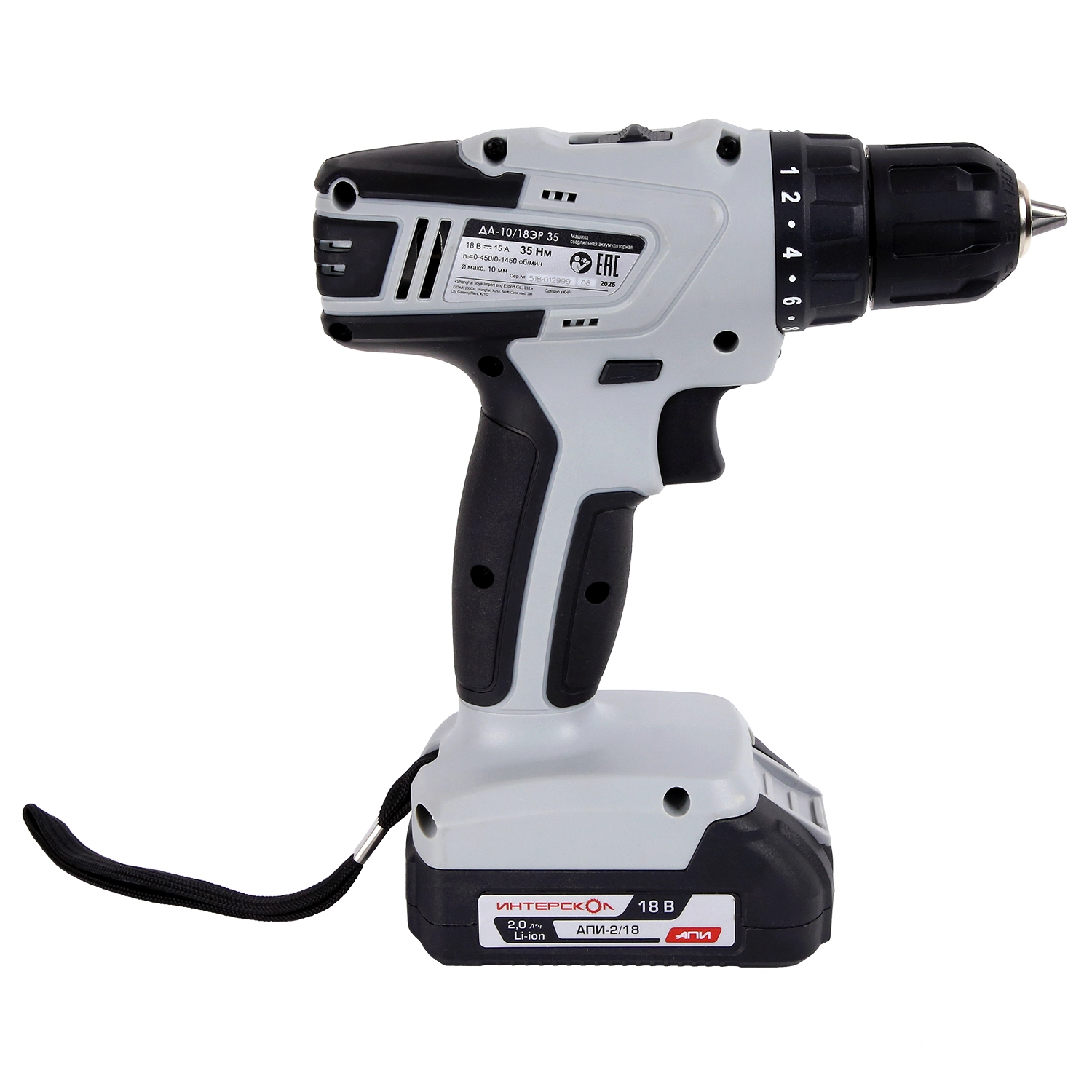Дрель-шуруповерт ИНТЕРСКОЛ ДА-10/18ЭР 35, 18 В, 1450 об/мин, с АКБ 2 Ач и ЗУ, в кейсе (518.2.1.20)