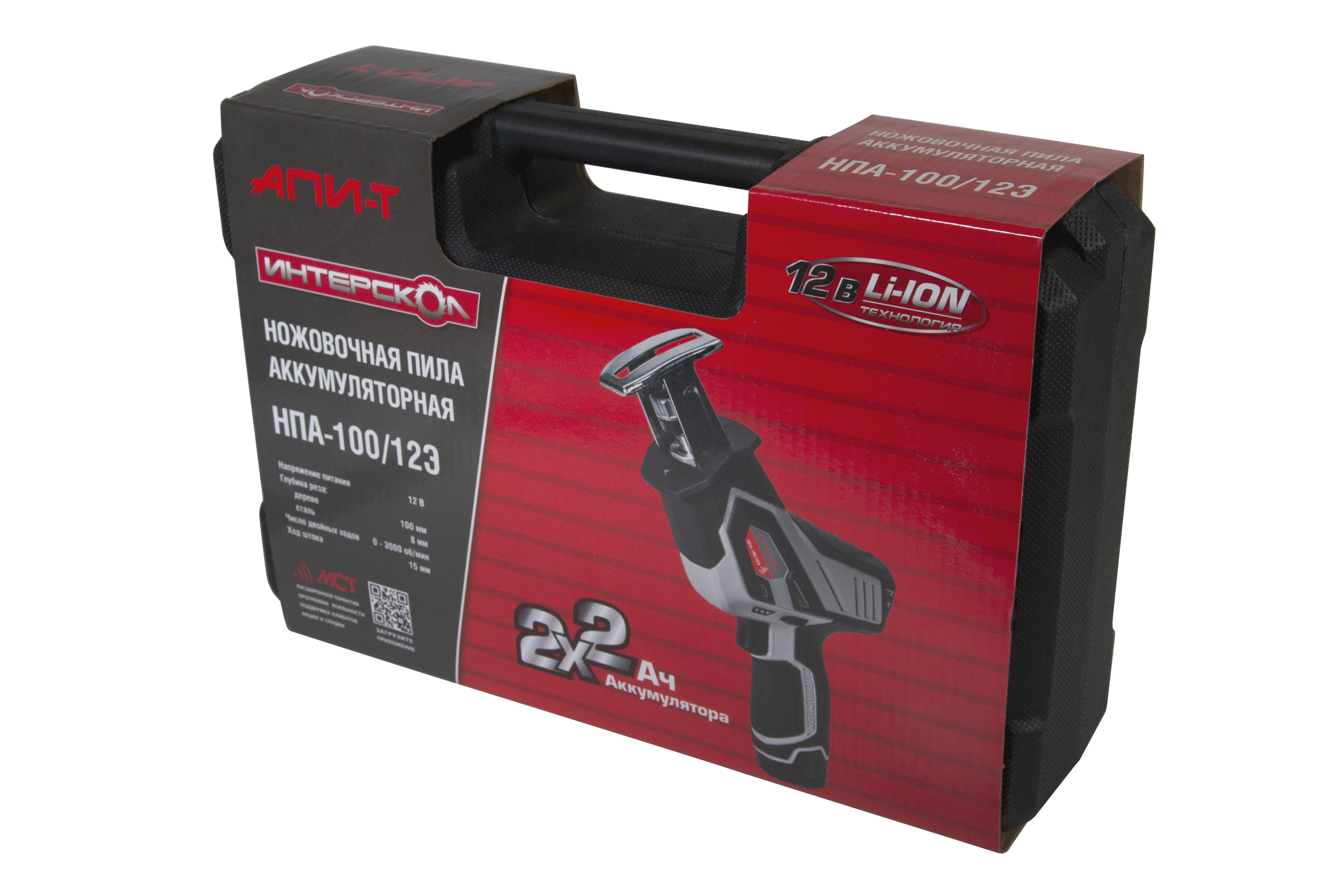 Аккумуляторная ножовочная пила ИНТЕРСКОЛ НПА-100/12Э, 12 В, 3000 ход/мин, 15 мм, с 2 АКБ 2 Ач и ЗУ, в кейсе (805.2.2.70)