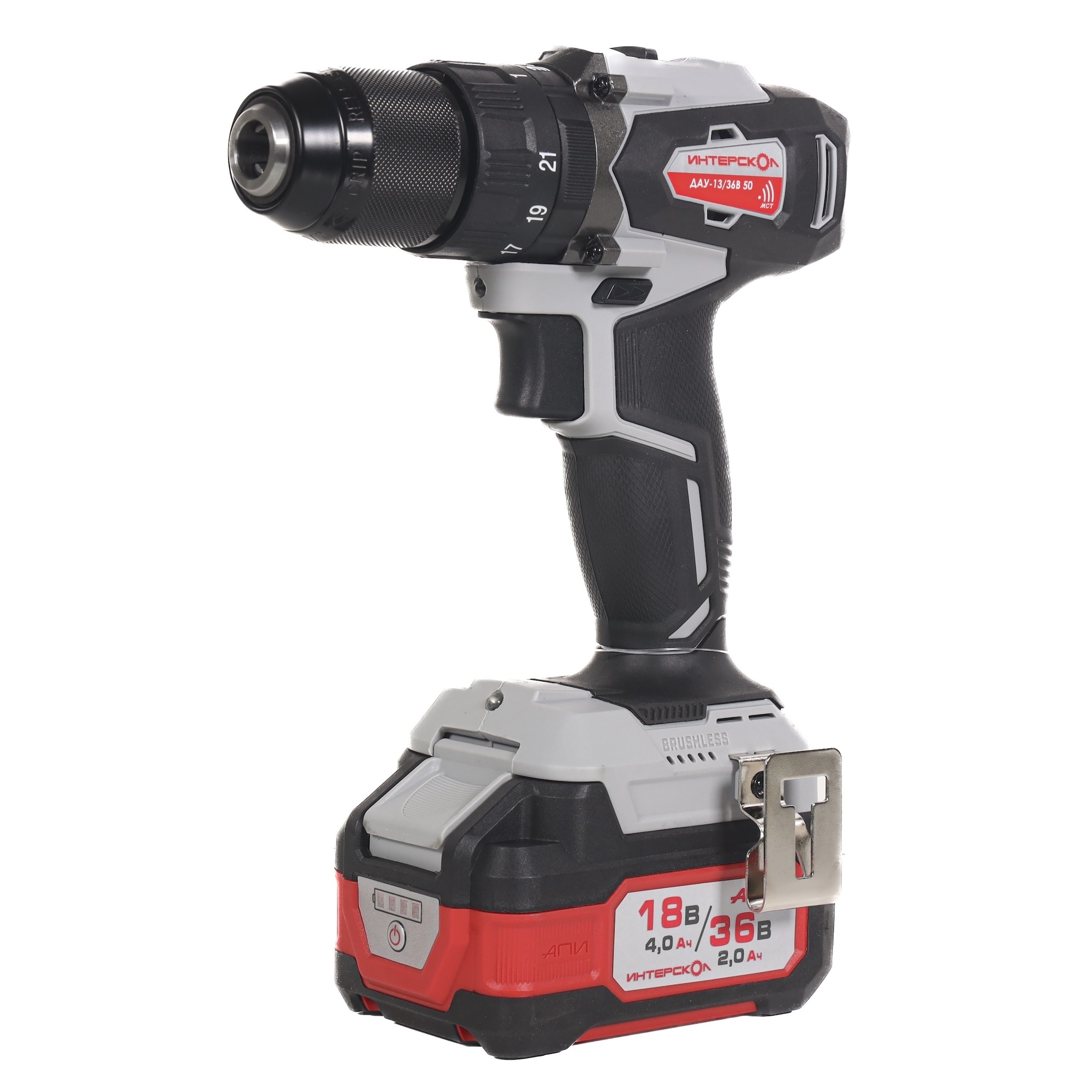 Дрель-шуруповерт ИНТЕРСКОЛ ДАУ-13/36В 50, 36 В, 1700 об/мин, 25500 уд/мин, с 2 АКБ 2 Ач и ЗУ, в кейсе (850.2.2.70)