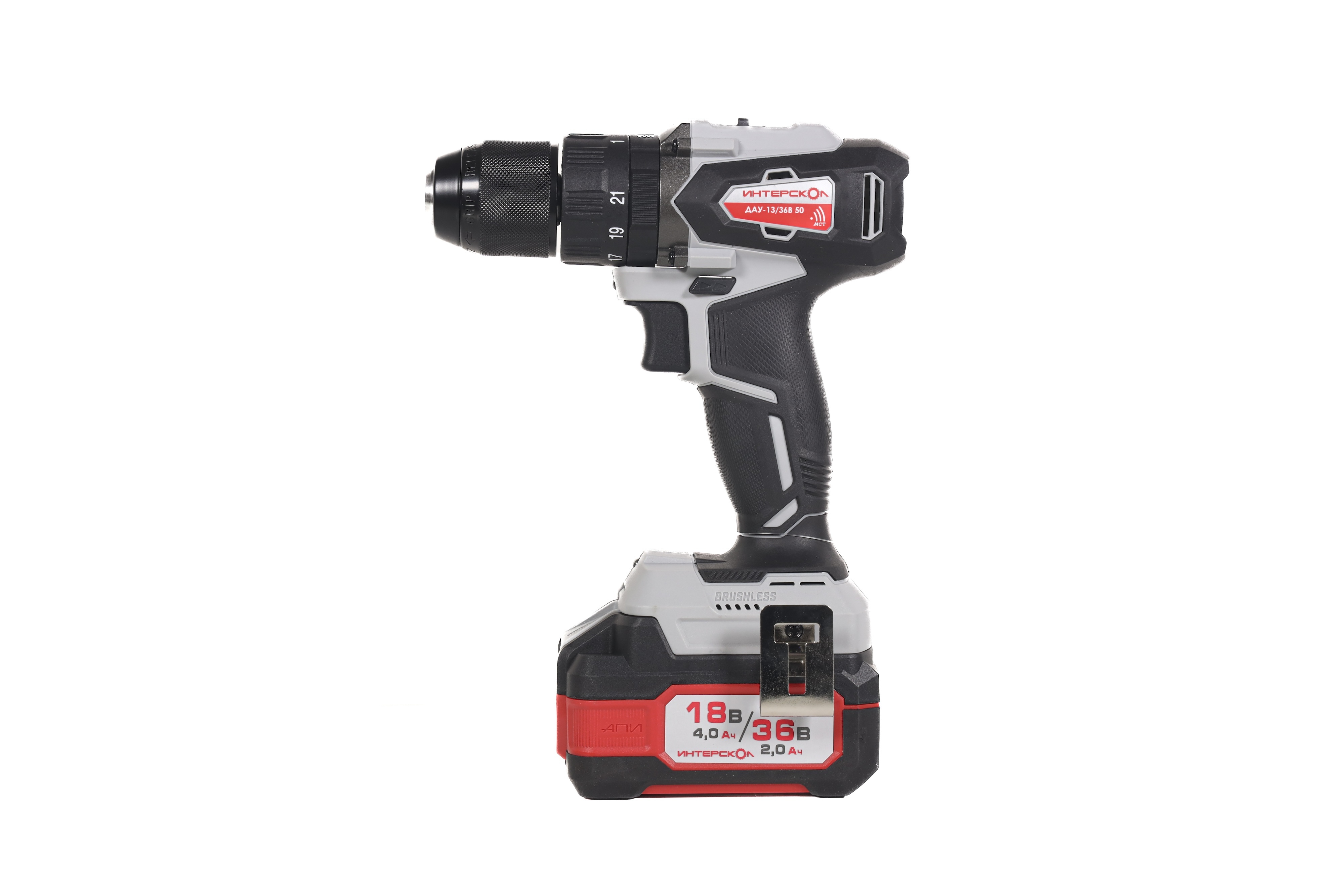 Дрель-шуруповерт ИНТЕРСКОЛ ДАУ-13/36В 50, 36 В, 1700 об/мин, 25500 уд/мин, с 2 АКБ 2 Ач и ЗУ, в кейсе (850.2.2.70)