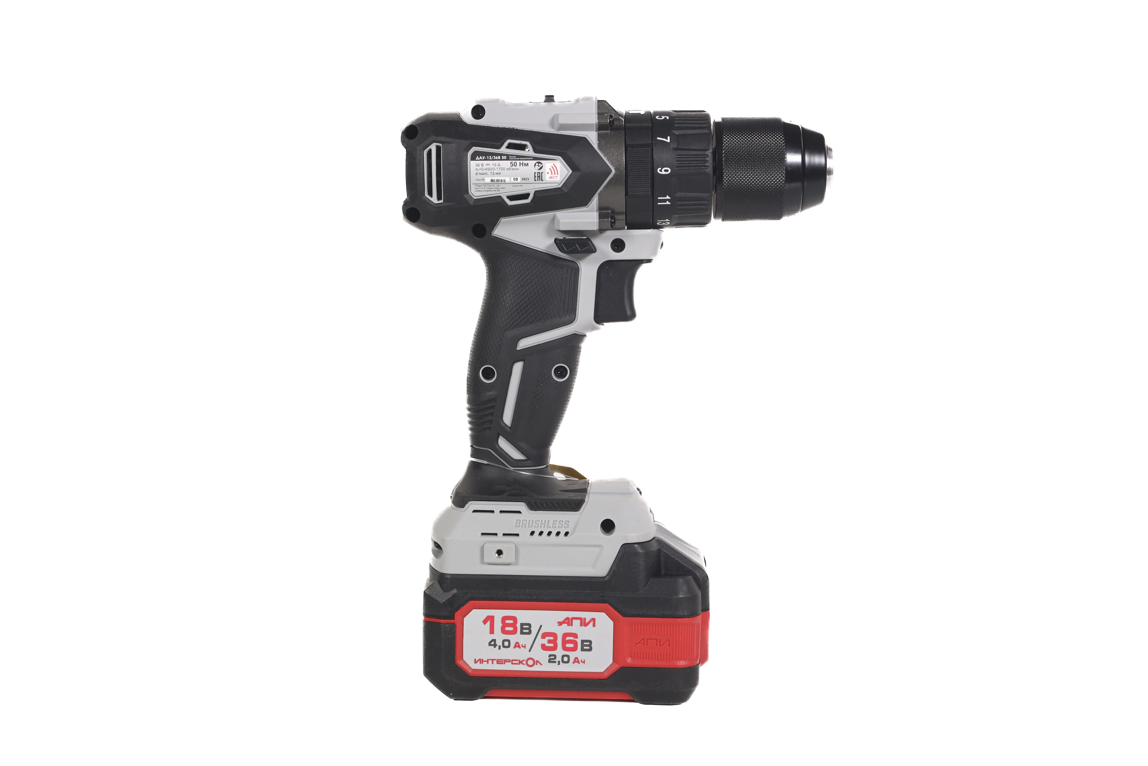 Дрель-шуруповерт ИНТЕРСКОЛ ДАУ-13/36В 50, 36 В, 1700 об/мин, 25500 уд/мин, с 2 АКБ 2 Ач и ЗУ, в кейсе (850.2.2.70)