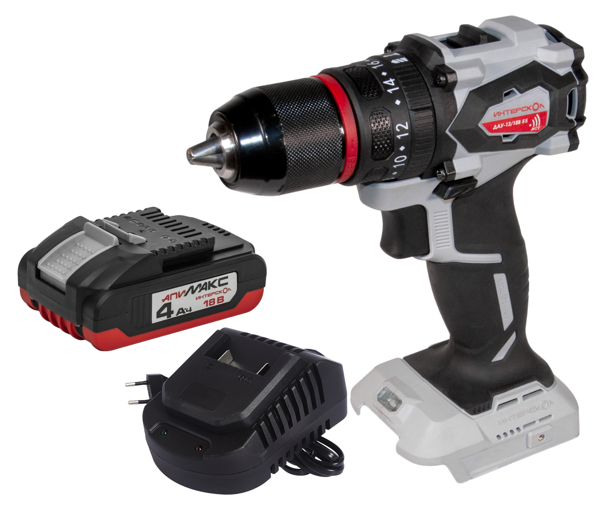 Дрель-шуруповерт ИНТЕРСКОЛ ДАУ-13/18В 55, 18 В, 1850 об/мин, 27750 уд/мин, с АКБ 4 Ач и ЗУ (953.0.0.70-B4C)