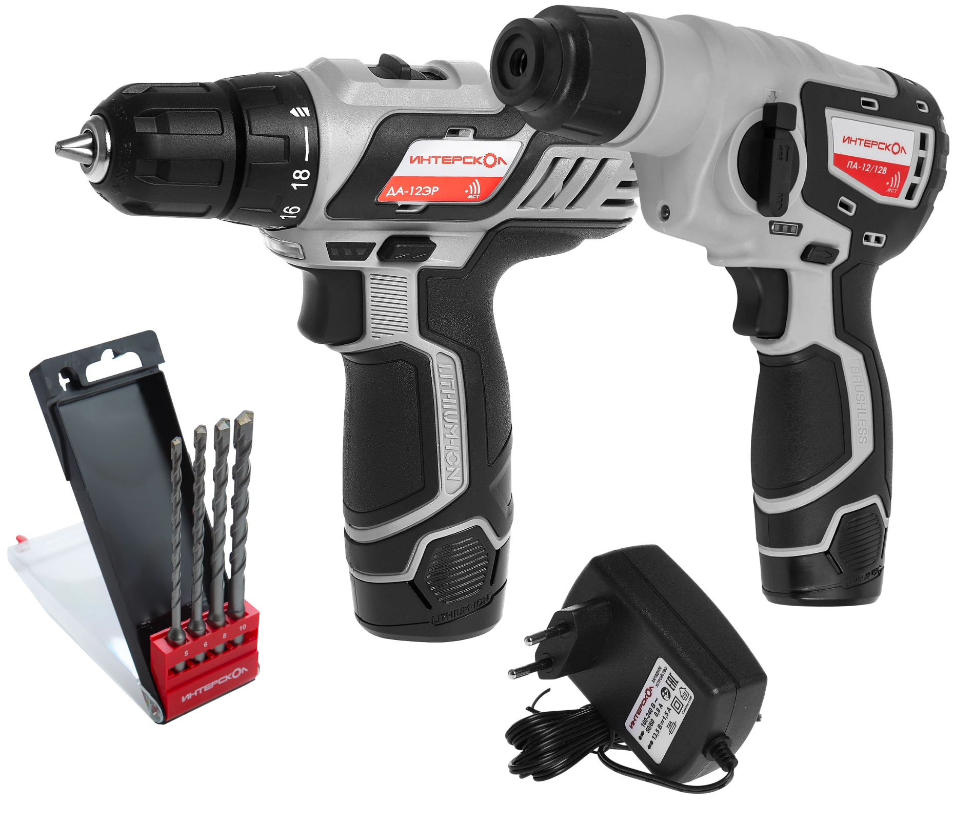Набор аккумуляторного инструмента ИНТЕРСКОЛ 12 В: дрель-шуруповерт ДА-12ЭР 28 + перфоратор ПА-12/12В + 4 бура, с 2 АКБ 2 Ач и ЗУ