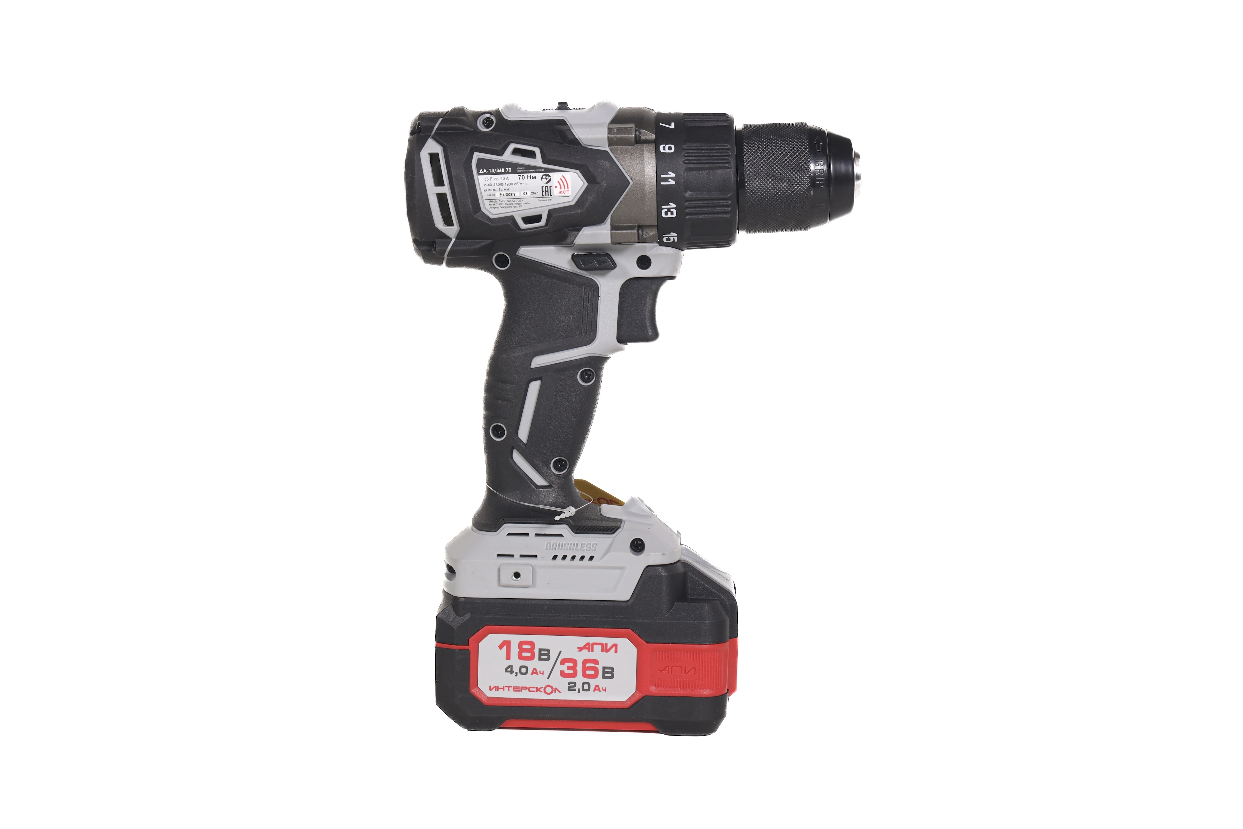 Аккумуляторная дрель-шуруповерт ИНТЕРСКОЛ ДА-13/36В 70, 36 В, 1900 об/мин, с 2 АКБ 2 Ач и ЗУ, в кейсе (814.2.2.70)