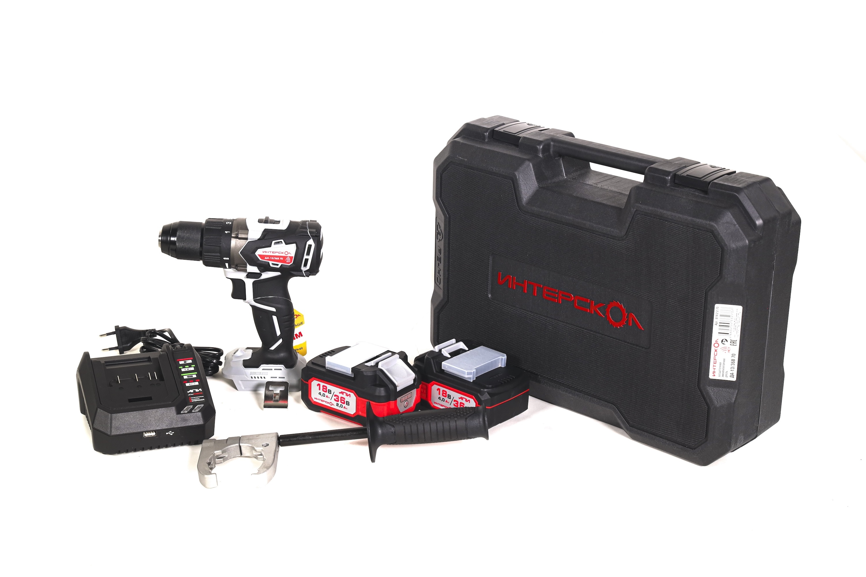 Аккумуляторная дрель-шуруповерт ИНТЕРСКОЛ ДА-13/36В 70, 36 В, 1900 об/мин, с 2 АКБ 2 Ач и ЗУ, в кейсе (814.2.2.70)