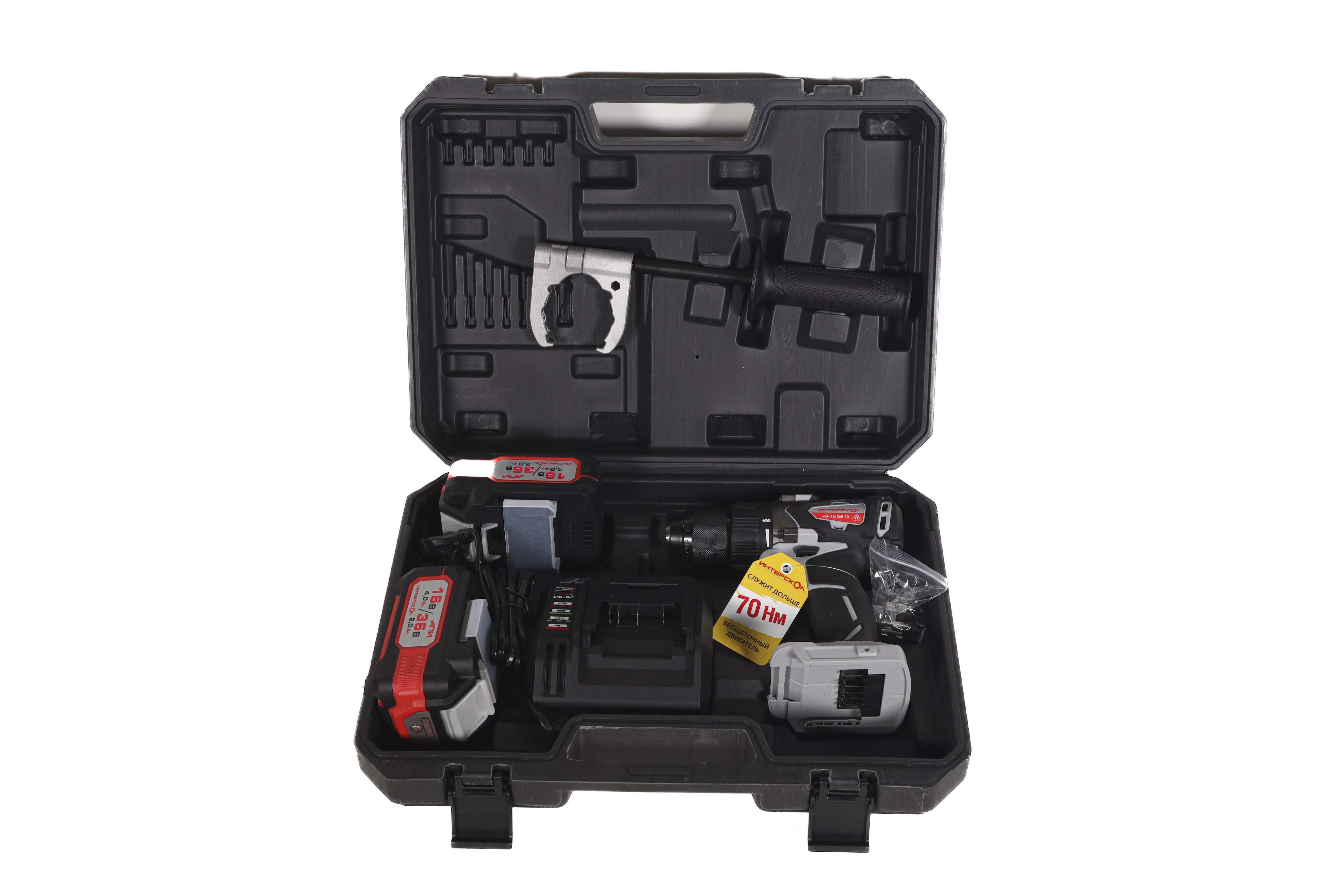 Аккумуляторная дрель-шуруповерт ИНТЕРСКОЛ ДА-13/36В 70, 36 В, 1900 об/мин, с 2 АКБ 2 Ач и ЗУ, в кейсе (814.2.2.70)