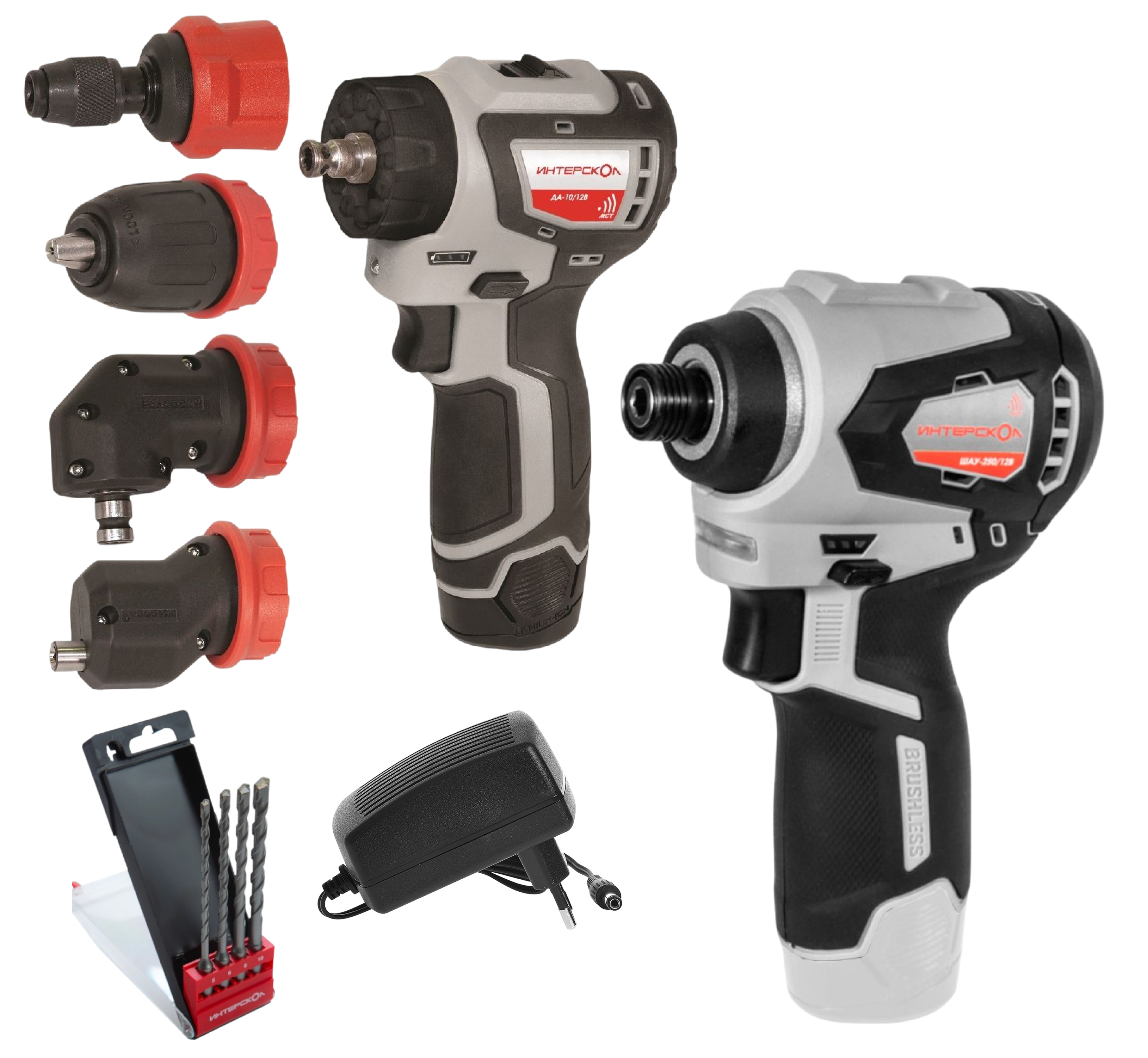 Набор аккумуляторного инструмента ИНТЕРСКОЛ 12 В: дрель-шуруповерт ДА-10/12В 36 + шуруповерт ШАУ-220/12ВЭ + 4 бура, с 2 АКБ 2 Ач и ЗУ