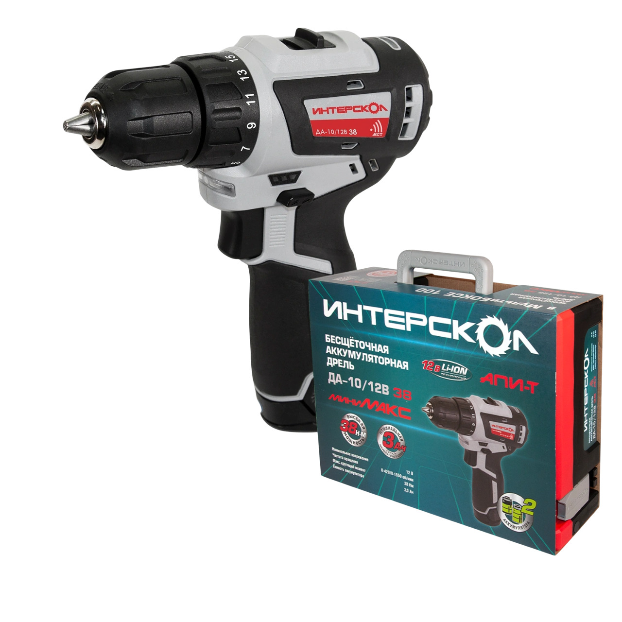 Дрель-шуруповерт ИНТЕРСКОЛ МиниМАКС ДА-10/12В 38, 12 В, 1550 об/мин, c 2 АКБ 3 Ач и ЗУ, в систейнере МультиБОКС (757.3.2.46)