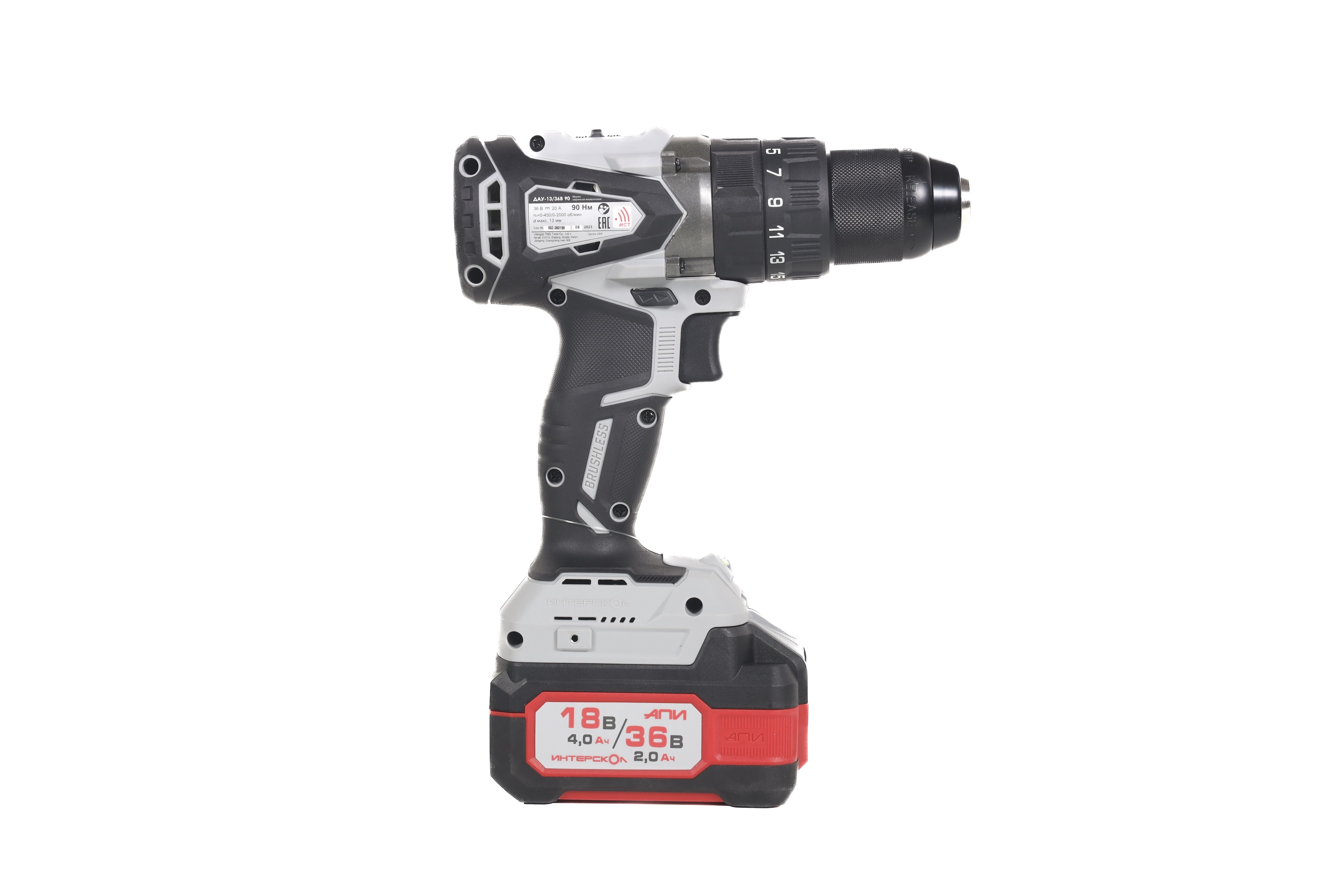 Ударная дрель-шуруповерт ИНТЕРСКОЛ ДА-13/36В 90, 36 В, 2000 об/мин, 30000 уд/мин, с 2 АКБ 2 Ач и ЗУ, в кейсе (860.2.2.70)