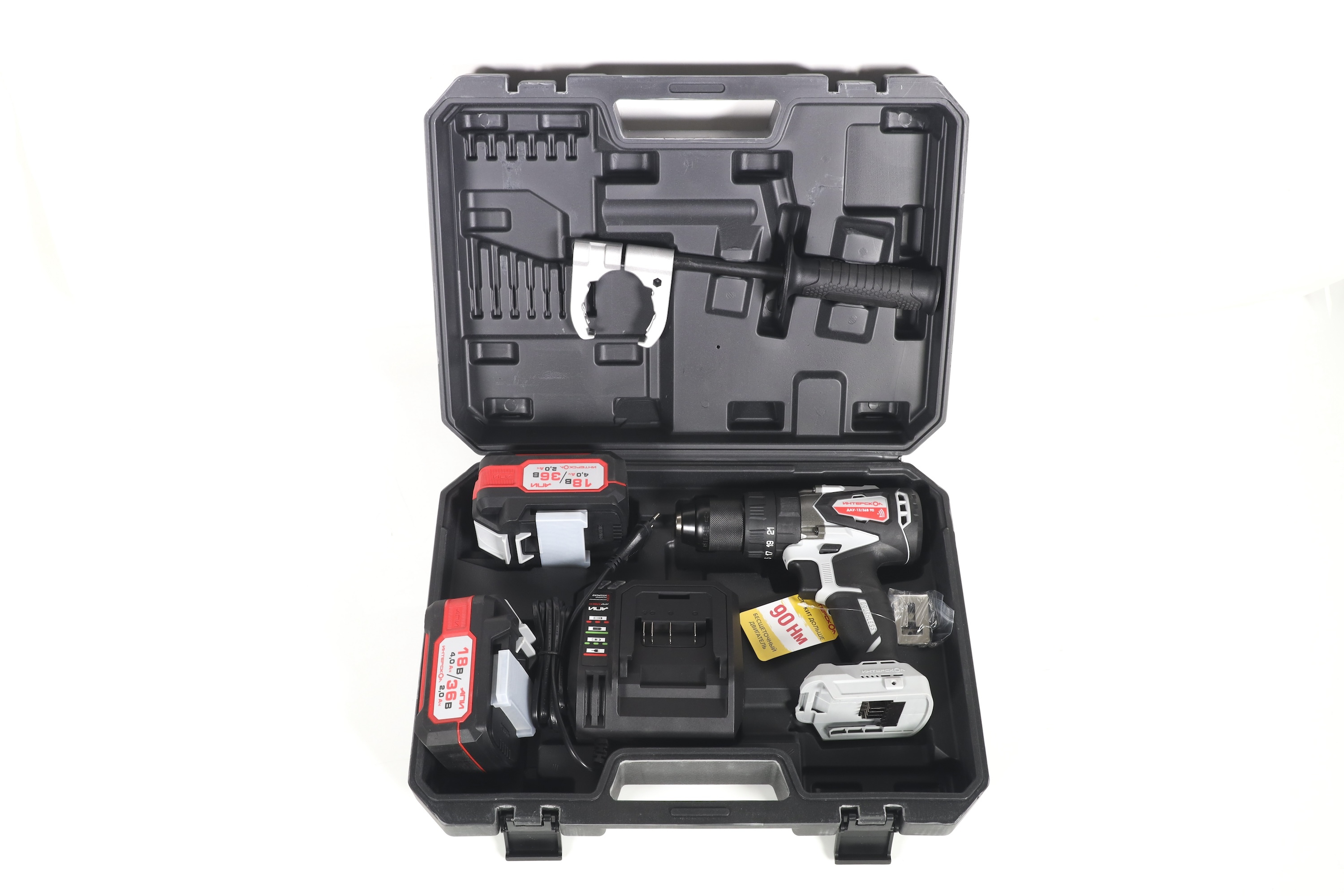 Ударная дрель-шуруповерт ИНТЕРСКОЛ ДА-13/36В 90, 36 В, 2000 об/мин, 30000 уд/мин, с 2 АКБ 2 Ач и ЗУ, в кейсе (860.2.2.70)