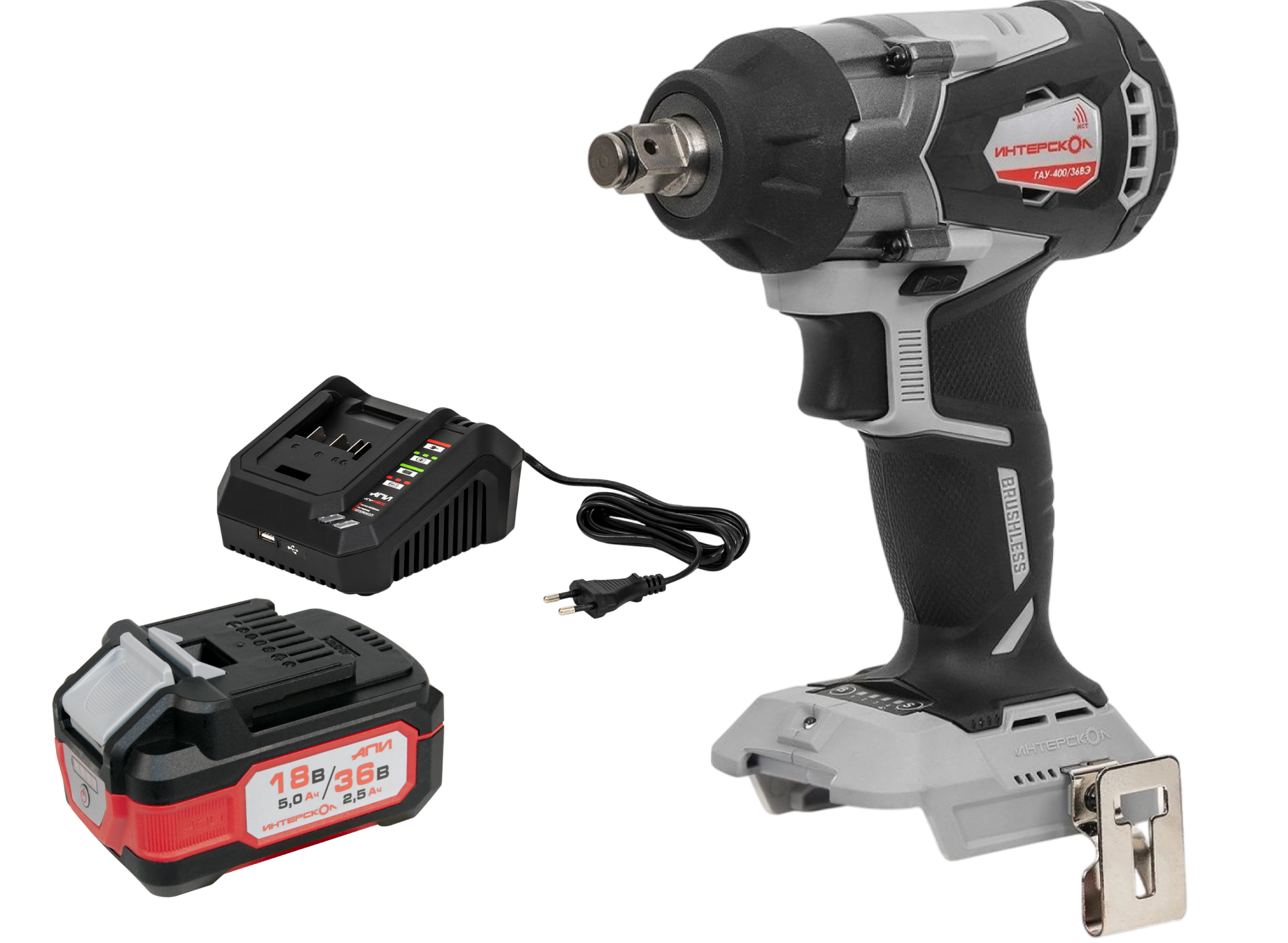Аккумуляторный ударный гайковерт ИНТЕРСКОЛ ГАУ-400/36ВЭ, 36 В, 400 Нм, 3200 уд/мин, с АКБ 2.5 Ач и ЗУ (859.0.0.70-B25C)