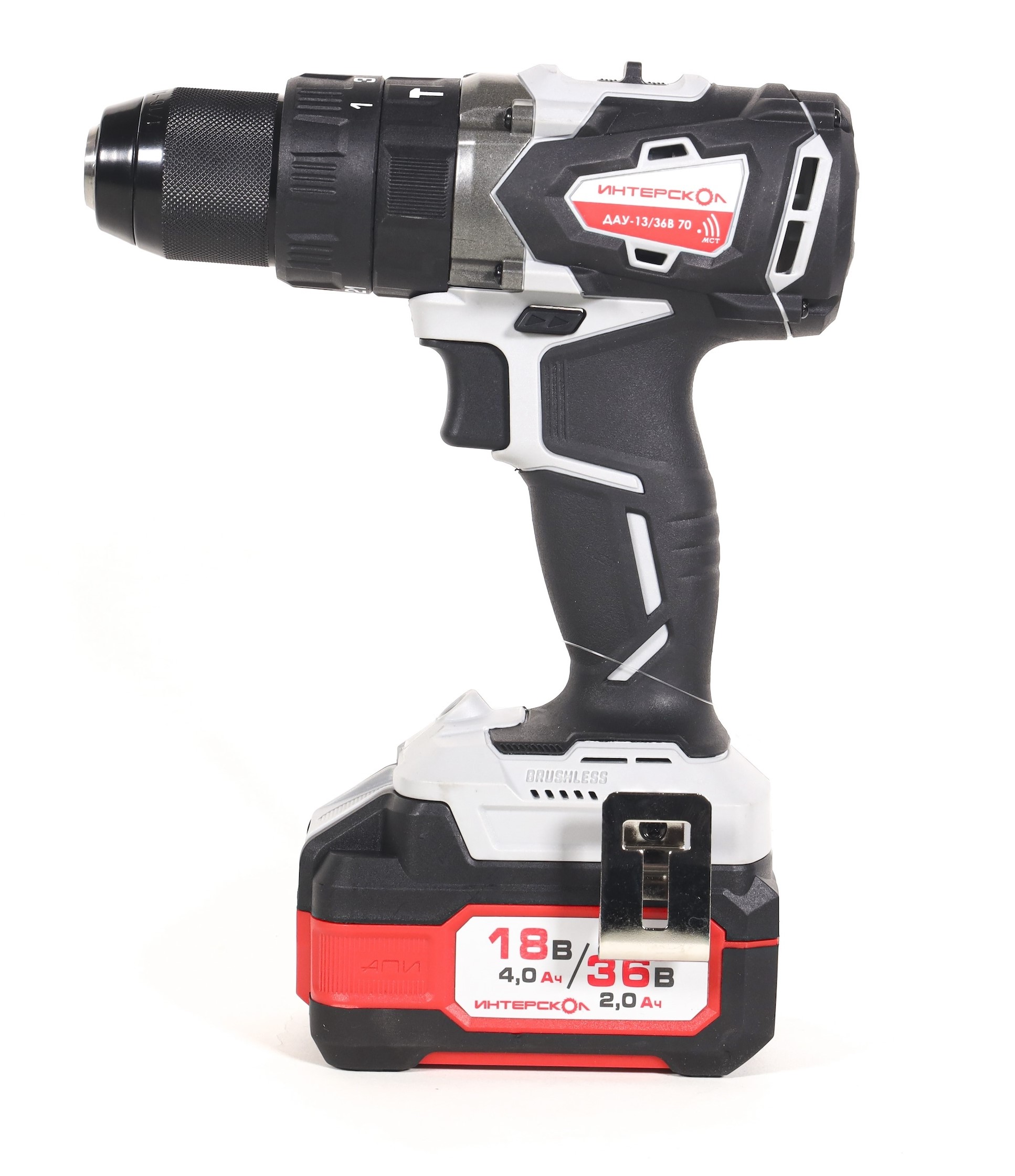 Дрель-шуруповерт ИНТЕРСКОЛ ДАУ-13/36В 70, 36 В, 1900 об/мин, 30000 уд/мин, с 2 АКБ 2 Ач и ЗУ, в кейсе (813.2.2.70)