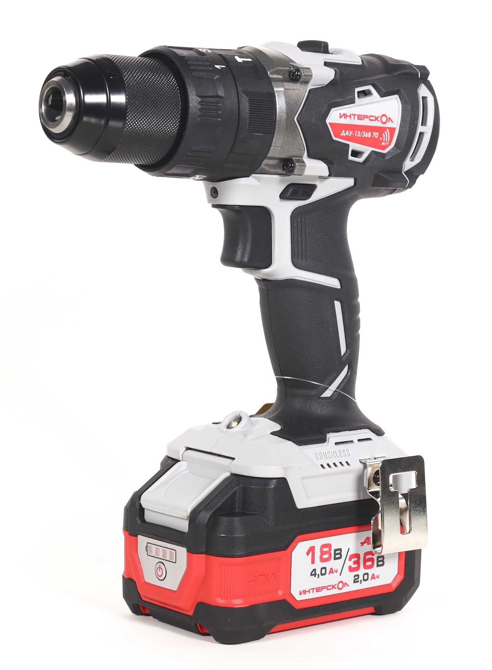 Дрель-шуруповерт ИНТЕРСКОЛ ДАУ-13/36В 70, 36 В, 1900 об/мин, 30000 уд/мин, с 2 АКБ 2 Ач и ЗУ, в кейсе (813.2.2.70)