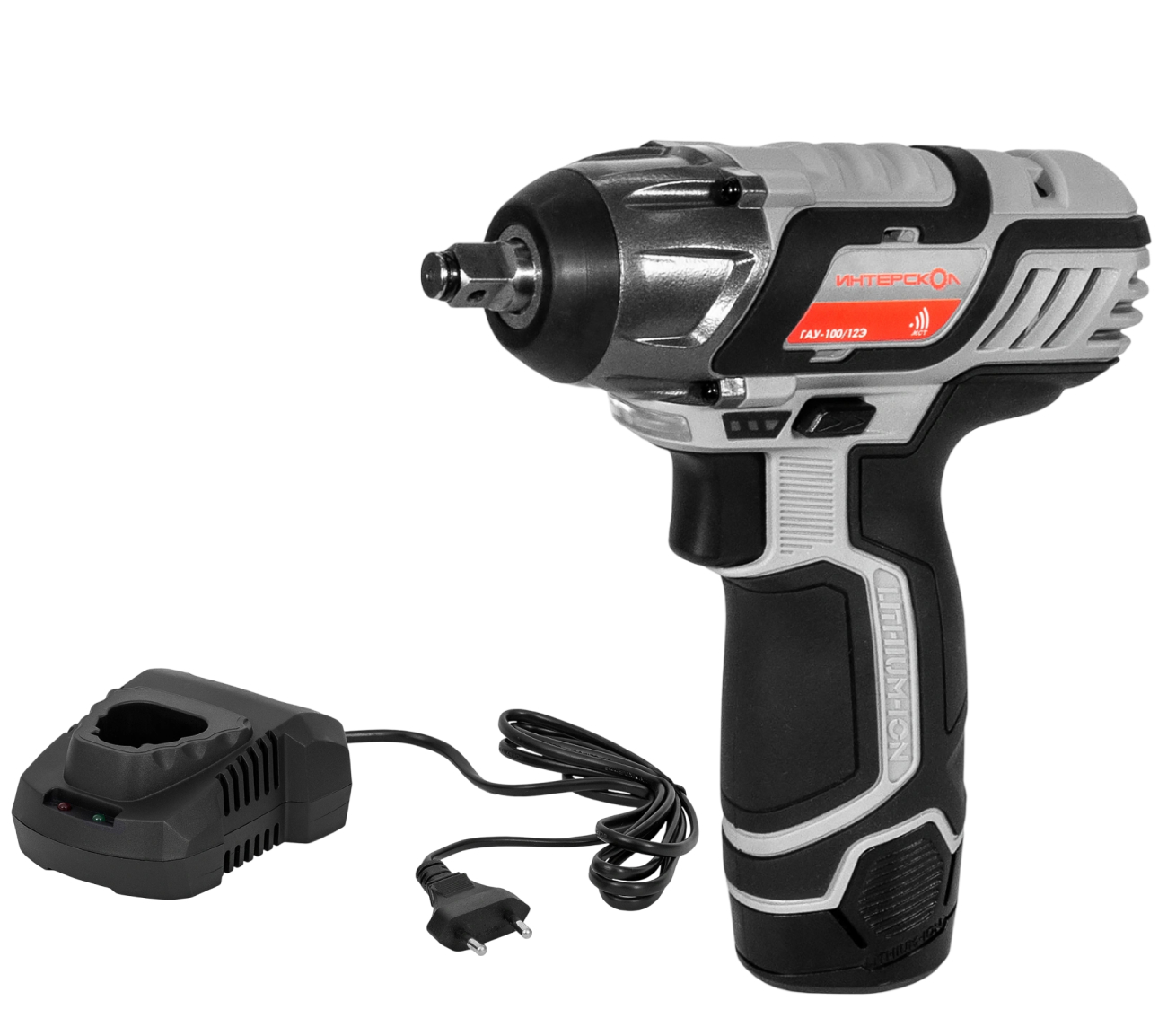 Аккумуляторный ударный гайковерт ИНТЕРСКОЛ ГАУ-100/12Э, 12 В, 100 Нм, 3000 уд/мин, с АКБ 2 Ач и ЗУ (807.0.0.70-B2C)