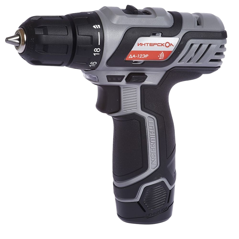 Набор электроинструмента ИНТЕРСКОЛ 12 В: ДА-12ЭР 28 + ГА-70/12ВЭ + ПА-12/12В +УШМ-76/12В, с 2 АКБ 2 Ач и ЗУ