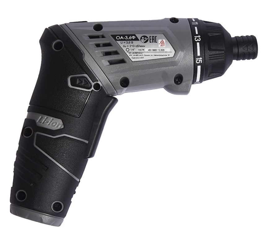 Аккумуляторная отвертка ИНТЕРСКОЛ ОА-3,6Ф, 3.6 В, 5 Н·м, 200 об/мин, 1 АКБ 1.3 Ач и ЗУ, в кейсе, 433.0.1.00