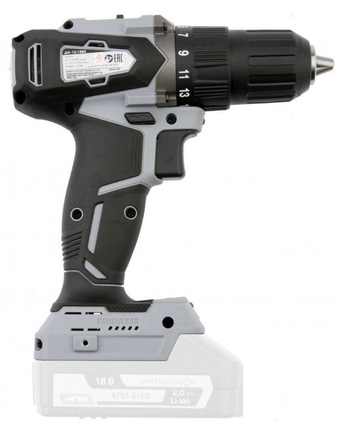 Аккумуляторная дрель-шуруповерт ИНТЕРСКОЛ ДА-13/18ВК 45, 18 В, 1700 об/мин, без АКБ и ЗУ, в кейсе (575.0.0.70)