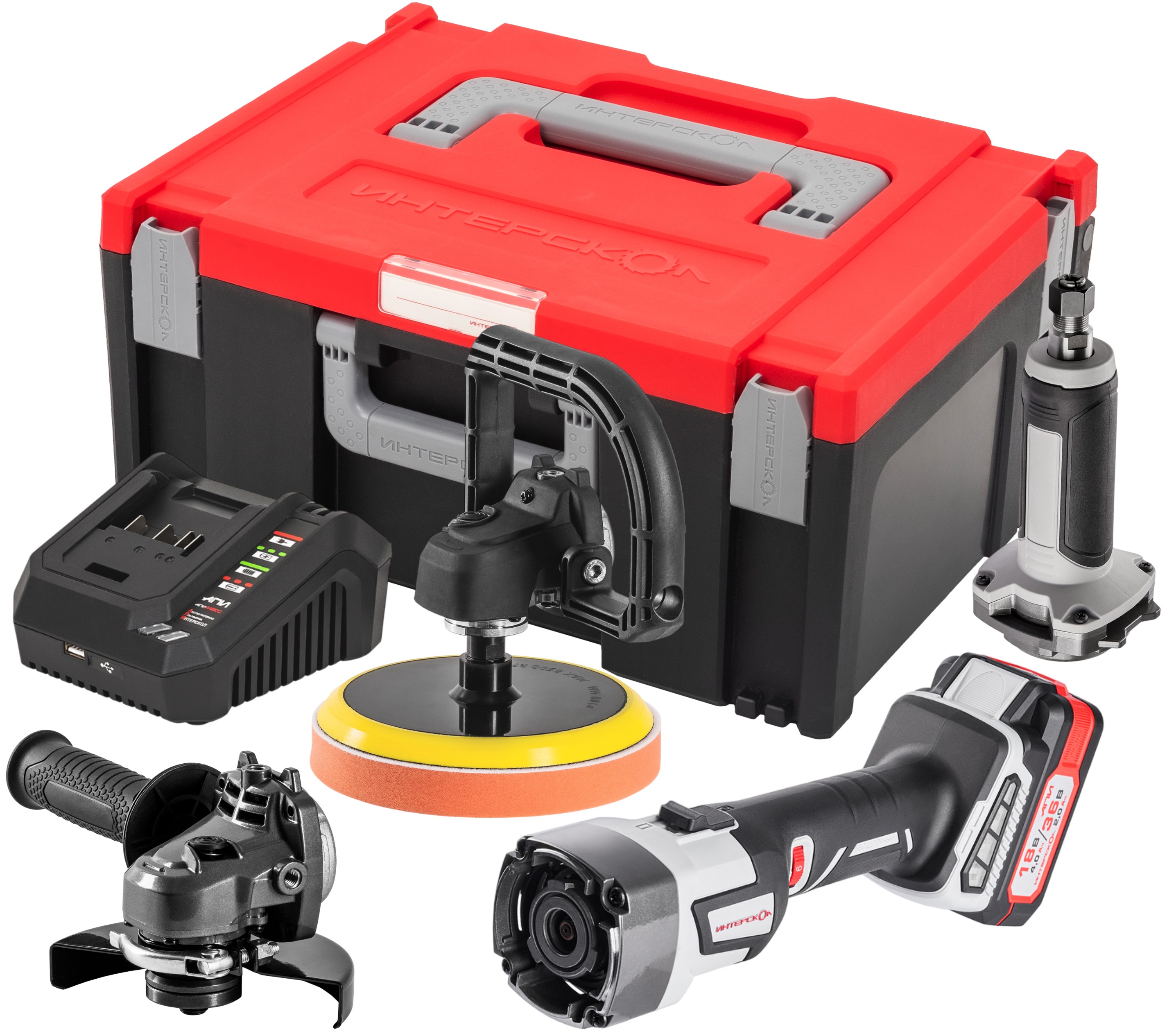 Набор электроинструмента ИНТЕРСКОЛ МультиМАКС 36В: привод ММ-36ВЭ + УШМ-3612ВЭ + ПШМ-3606ВЭ + УПМ-36ВЭ, с АКБ 2 АЧ и ЗУ, в кейсе