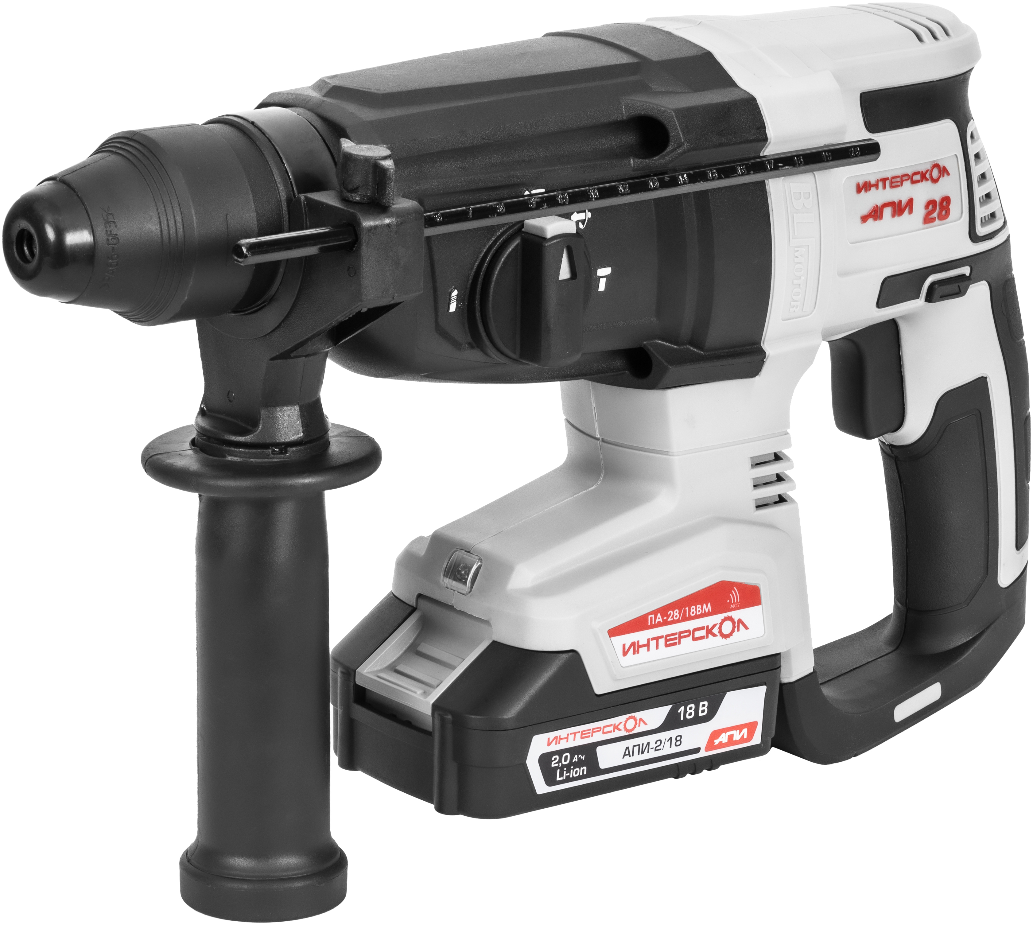 Аккумуляторный перфоратор ИНТЕРСКОЛ ПА-28/18ВM, 18 В, 2.8 Дж, 5300 уд/мин, с 2 АКБ 2 Ач и ЗУ (732.2.2.70)