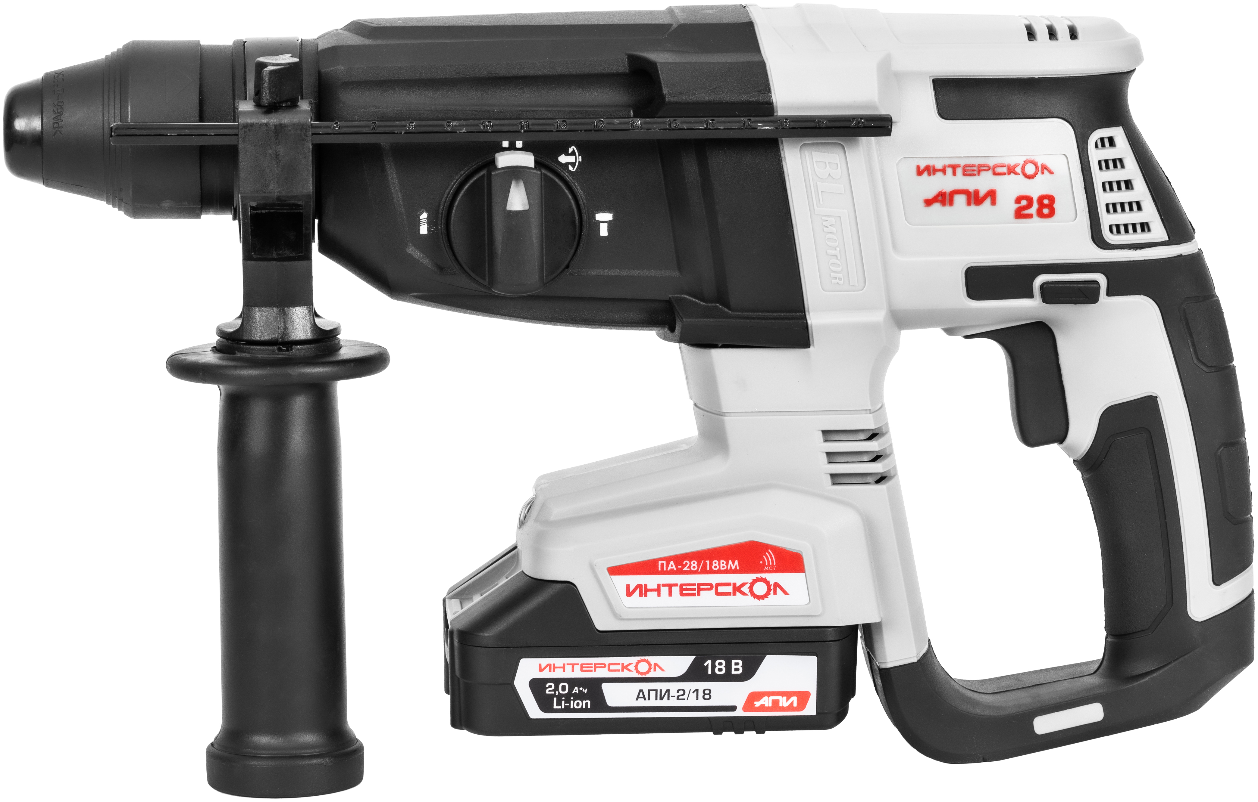 Аккумуляторный перфоратор ИНТЕРСКОЛ ПА-28/18ВM, 18 В, 2.8 Дж, 5300 уд/мин, с 2 АКБ 2 Ач и ЗУ (732.2.2.70)