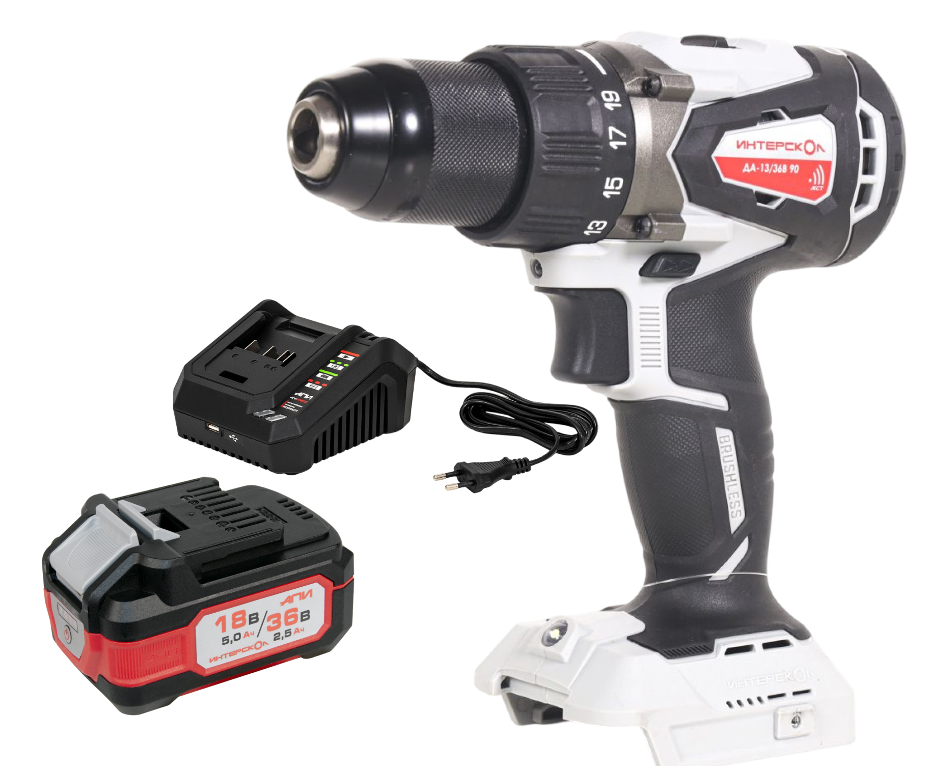 Аккумуляторная дрель-шуруповерт ИНТЕРСКОЛ ДА-13/36В 90, 36 В, 2000 об/мин, с АКБ 2.5 Ач и ЗУ (861.0.0.70-B25C)
