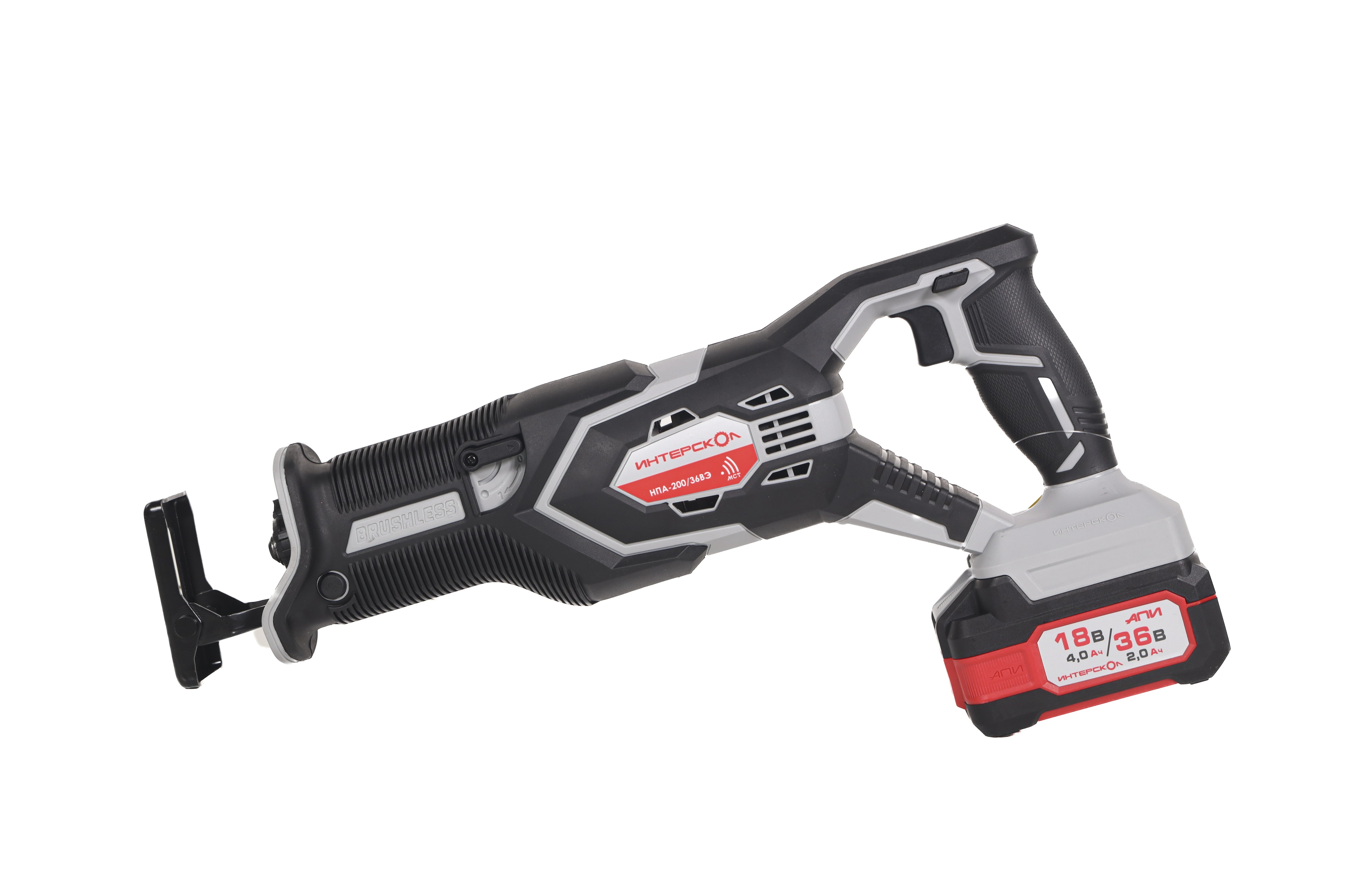 Аккумуляторная сабельная пила ИНТЕРСКОЛ НПА-200/36ВЭ, 36 В, 3000 ход/мин, 26 мм, с 2 АКБ 2 Ач и ЗУ, в кейсе (818.2.2.70)