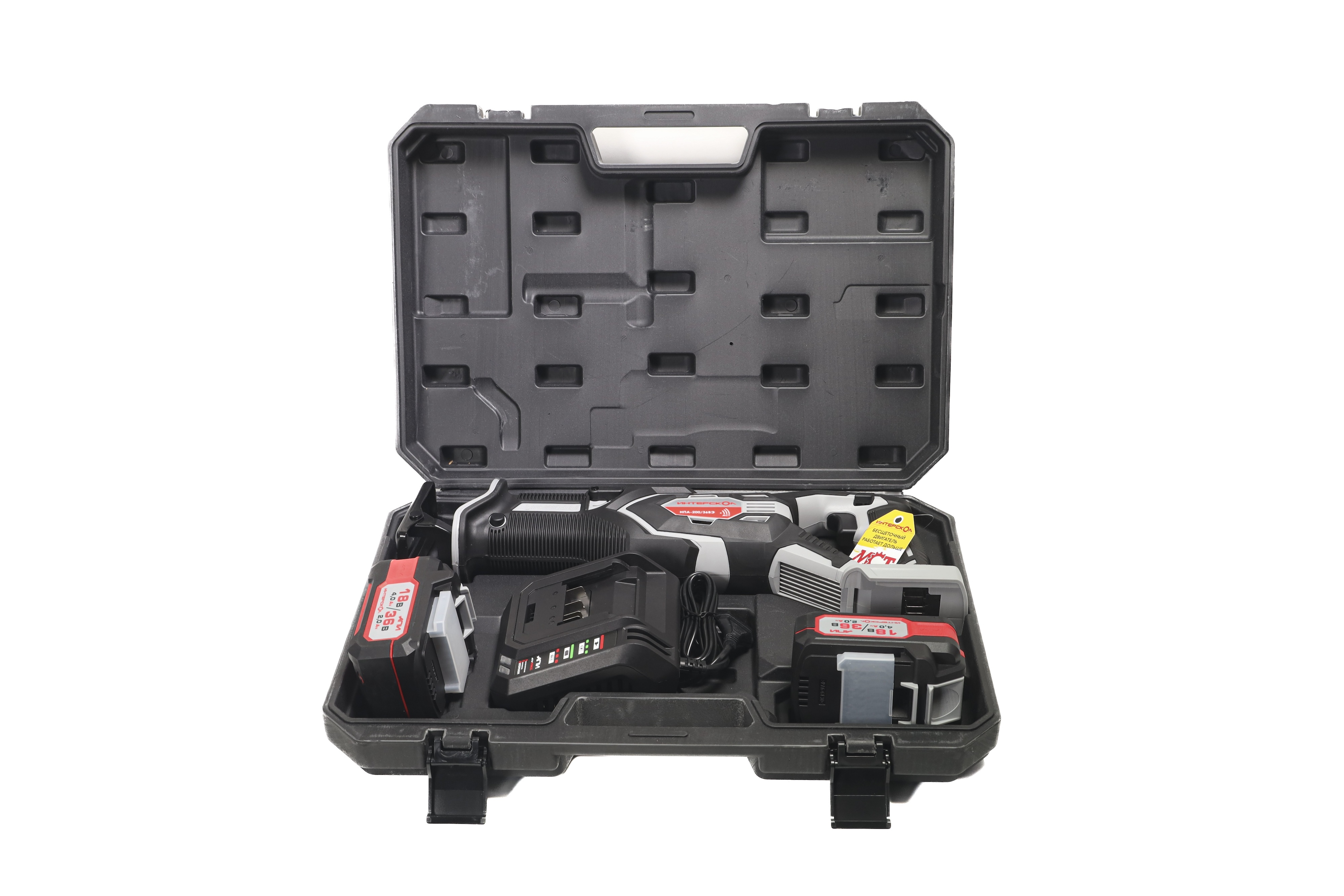 Аккумуляторная сабельная пила ИНТЕРСКОЛ НПА-200/36ВЭ, 36 В, 3000 ход/мин, 26 мм, с 2 АКБ 2 Ач и ЗУ, в кейсе (818.2.2.70)