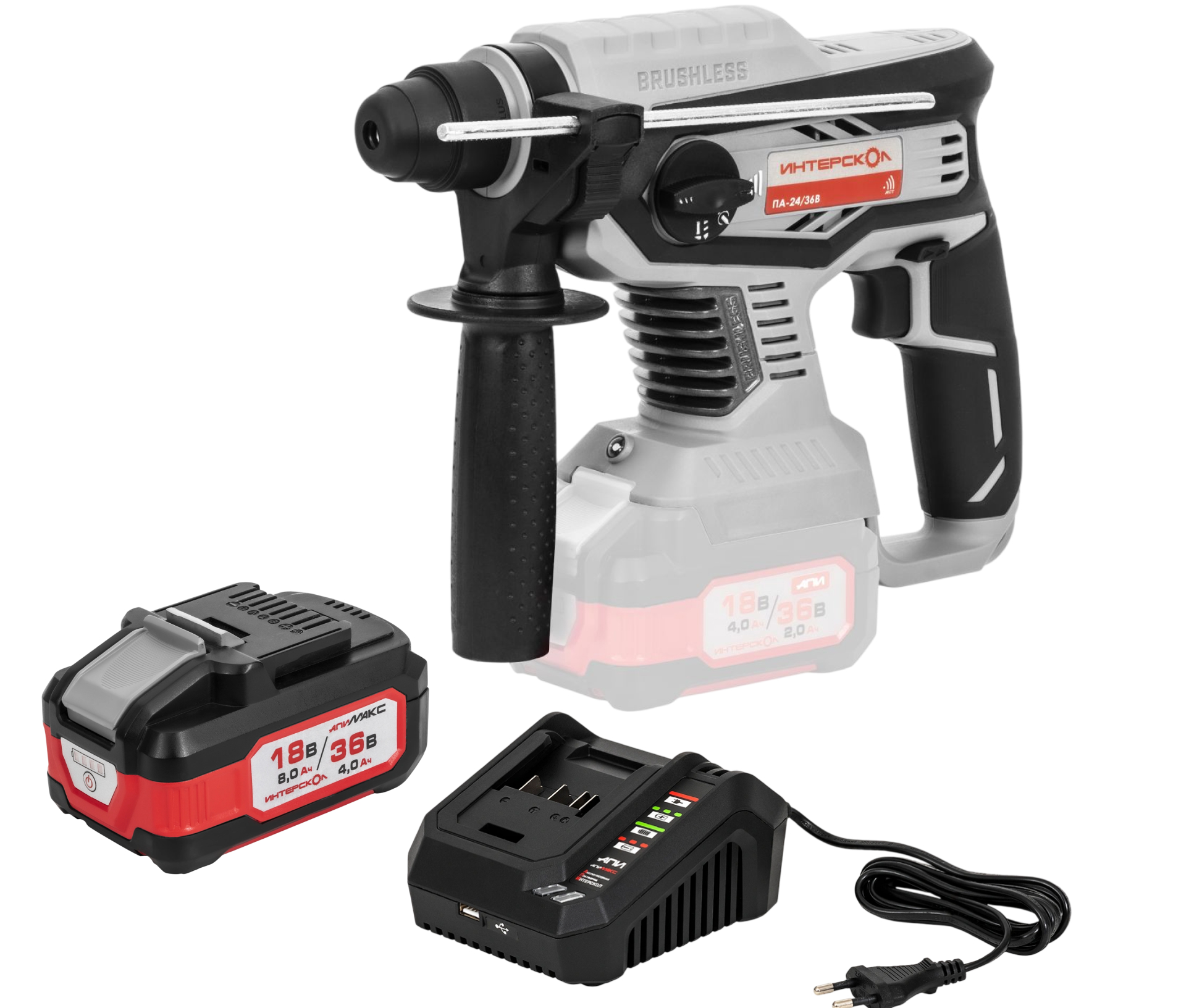 Аккумуляторный перфоратор ИНТЕРСКОЛ ПА-24/36В, 36 В, 2.2 Дж, 5300 уд/мин, с АКБ 4 Ач и ЗУ (823.0.0.70-B4C)