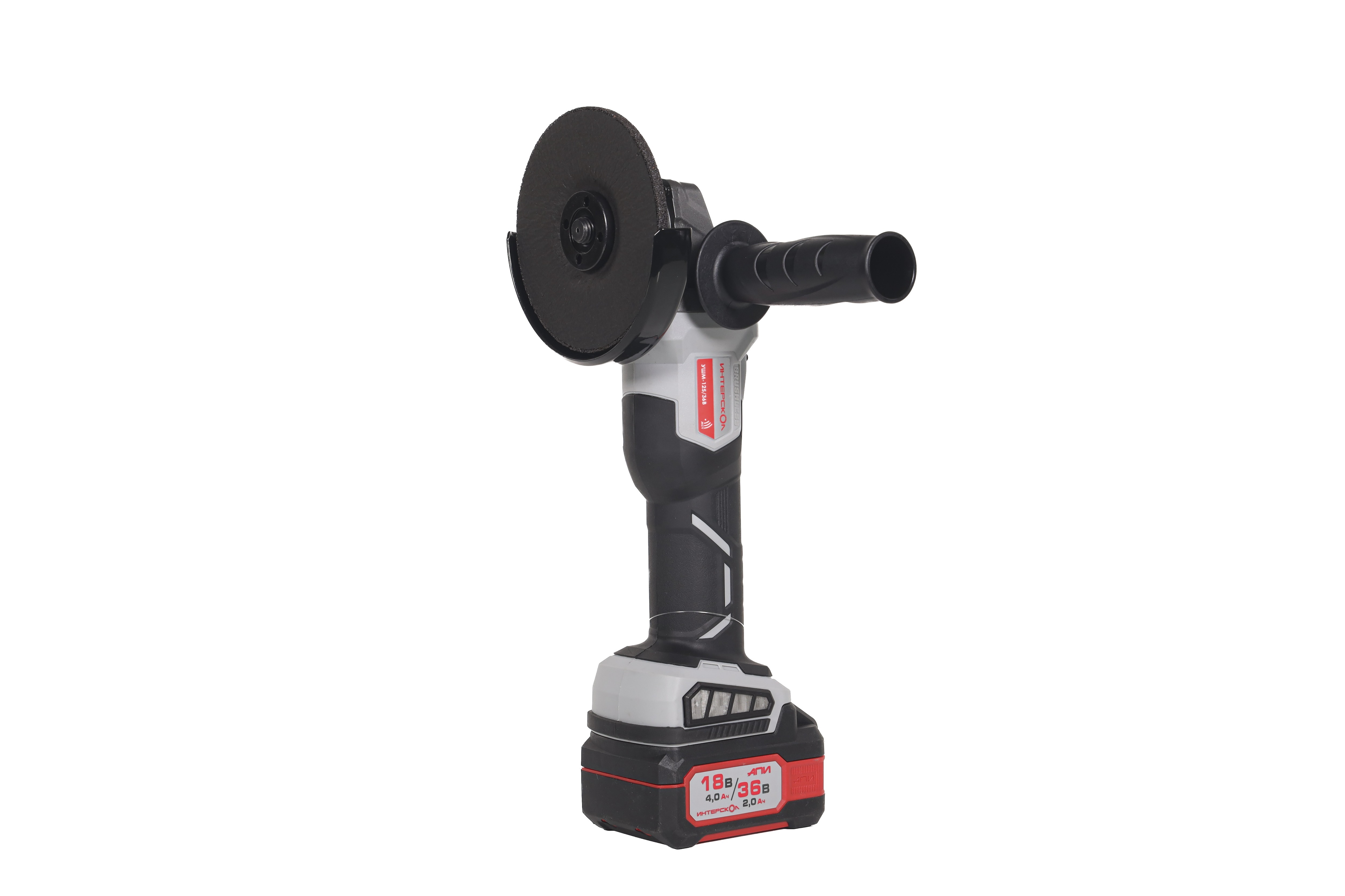 Аккумуляторная угловая шлифмашина ИНТЕРСКОЛ УШМ-125/36В, 36 В, 125 мм, 8500 об/мин, с 2 АКБ 2 Ач и ЗУ, в кейсе (816.2.2.70)