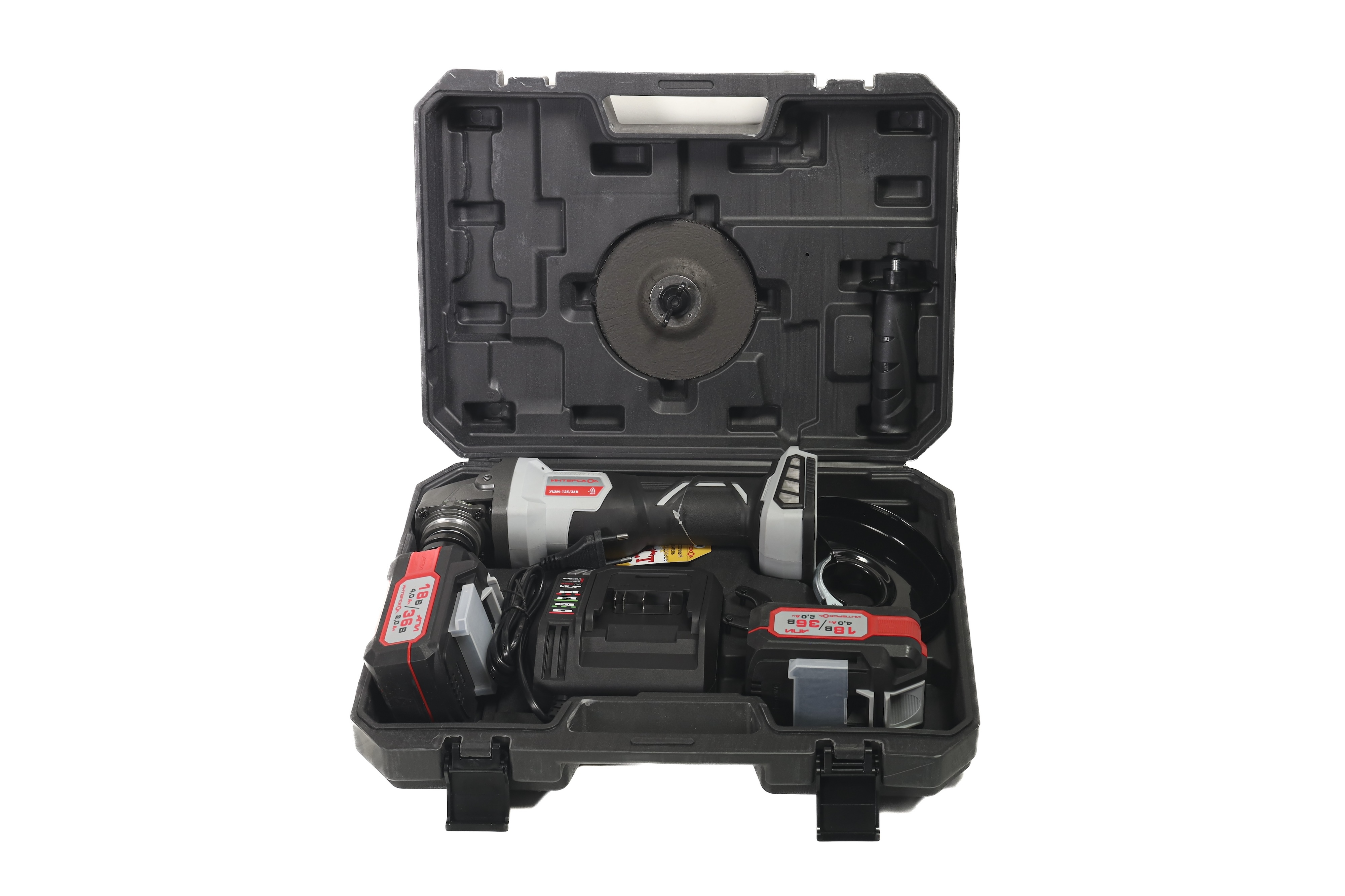 Аккумуляторная угловая шлифмашина ИНТЕРСКОЛ УШМ-125/36В, 36 В, 125 мм, 8500 об/мин, с 2 АКБ 2 Ач и ЗУ, в кейсе (816.2.2.70)