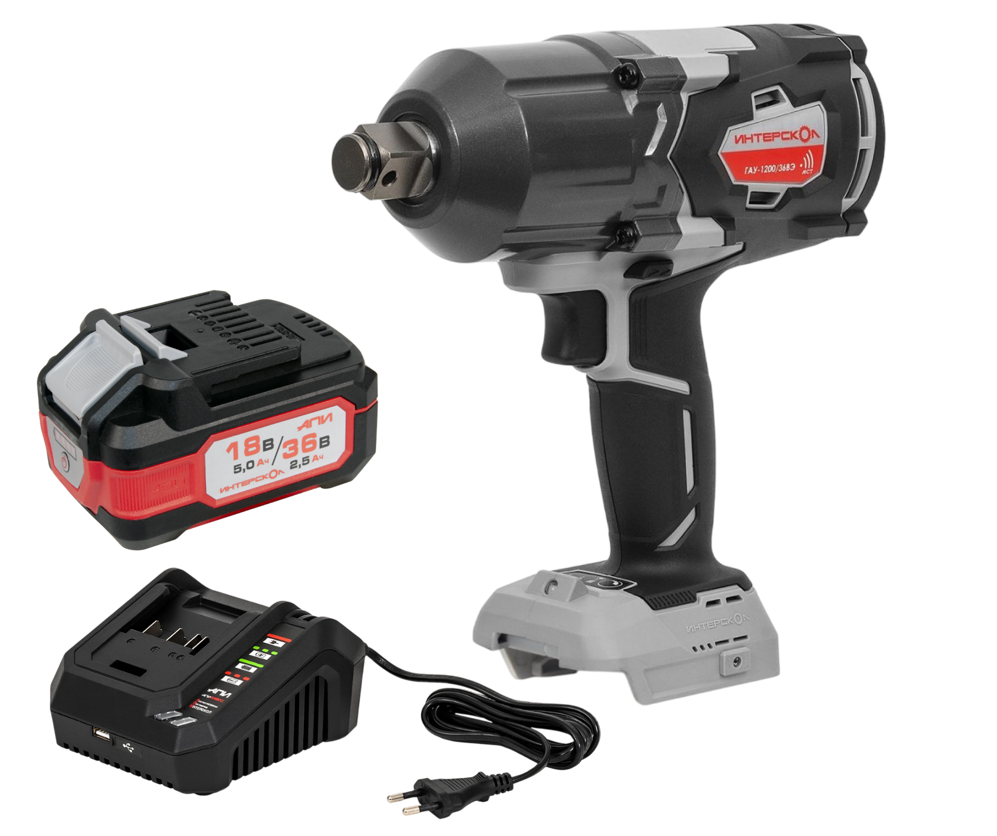 Аккумуляторный ударный гайковерт ИНТЕРСКОЛ ГАУ-1200/36ВЭ, 36 В, 1200 Hм, 2050 уд/мин, с АКБ 2.5 Ач и ЗУ (819.0.0.70-B25C)