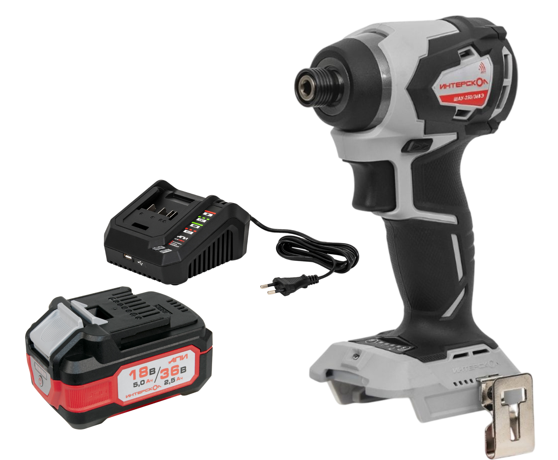 Ударный шуруповерт ИНТЕРСКОЛ ШАУ-250/36ВЭ 250, 36 В, 250 Нм, 4500 уд/мин, с АКБ 2.5 Ач и ЗУ (862.0.0.70-B25C)