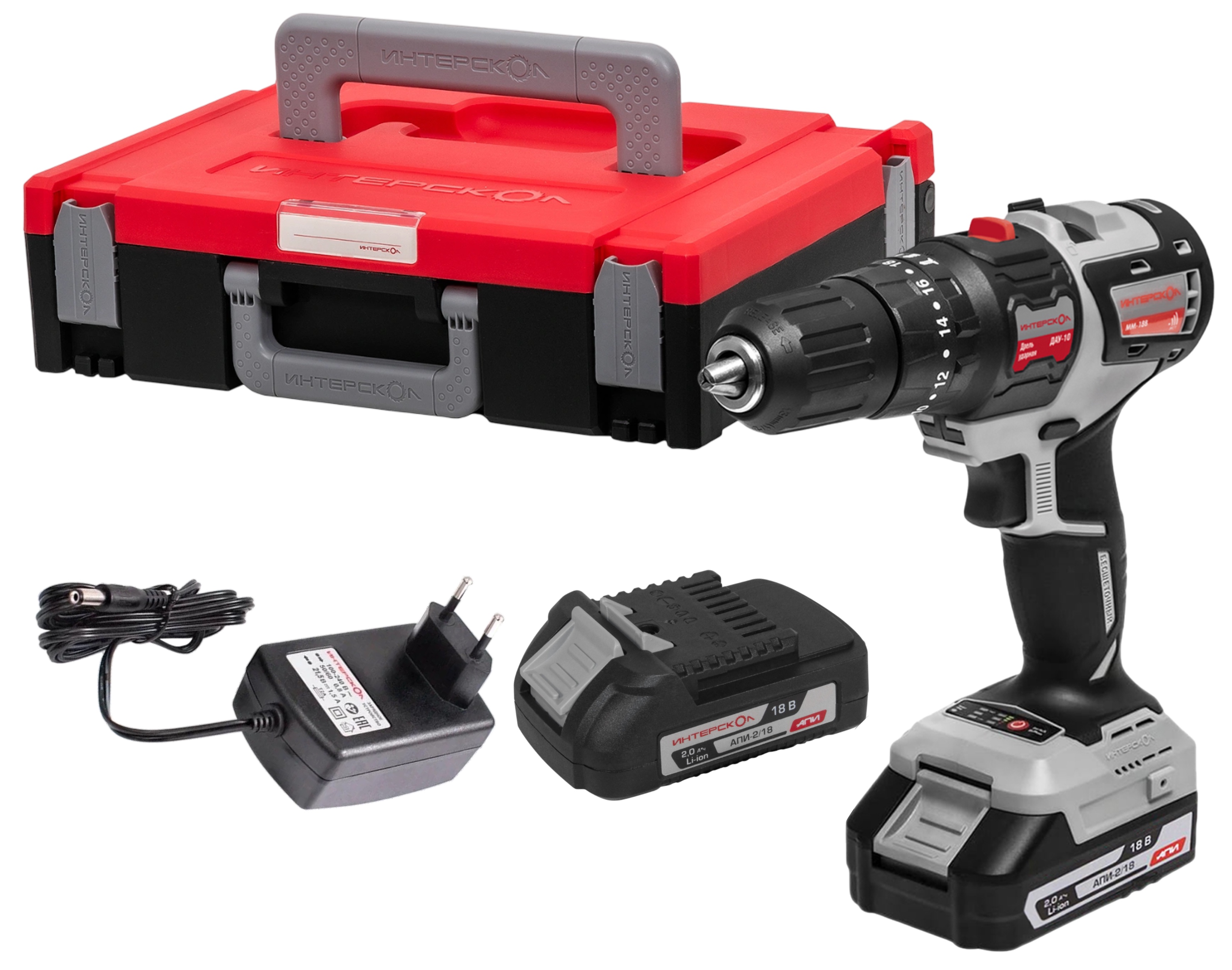 Дрель-шуруповерт ИНТЕРСКОЛ ДАУ-10/18В 44, 18 В, 1650 об/мин, 21000 уд/мин, с 2 АКБ 2 Ач и ЗУ, в кейсе (755.2.2.47)