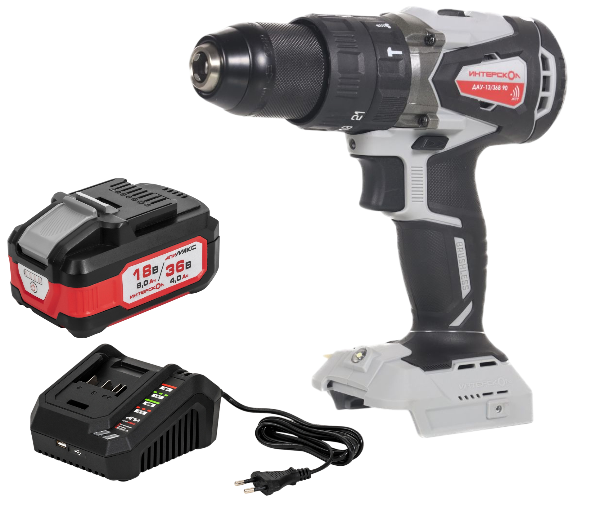 Аккумуляторная ударная дрель-шуруповерт ИНТЕРСКОЛ ДАУ-13/36В 90, 36 В, 2000 об/мин, 30000 уд/мин, с АКБ 4 Ач и ЗУ (860.0.0.70-B4C)