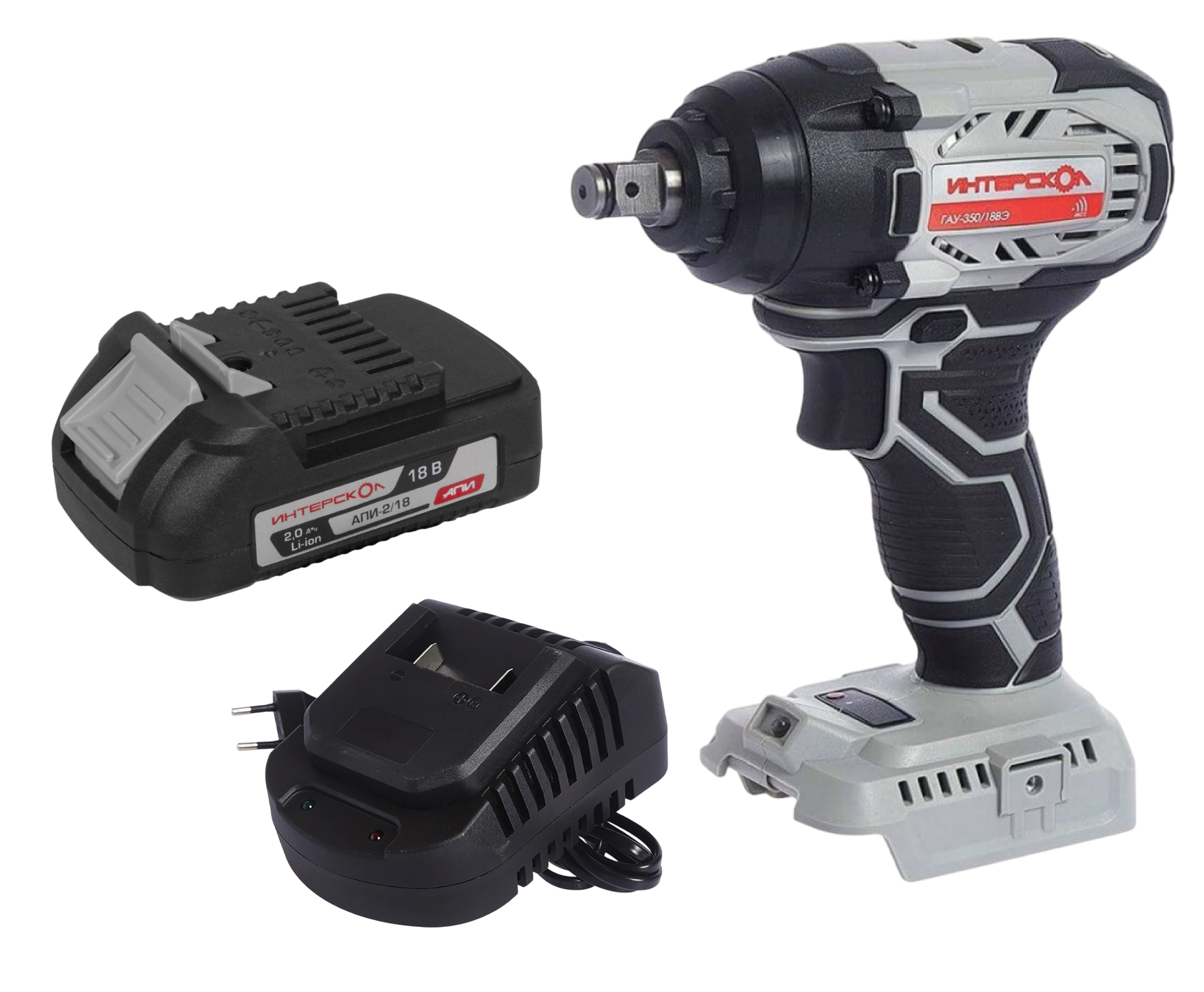 Аккумуляторный гайковерт ИНТЕРСКОЛ ГАУ-350/18ВЭ, 18 В, 350 Нм, 3200 уд/мин, с АКБ 2 Ач и ЗУ (643.1.0.70-B2C)