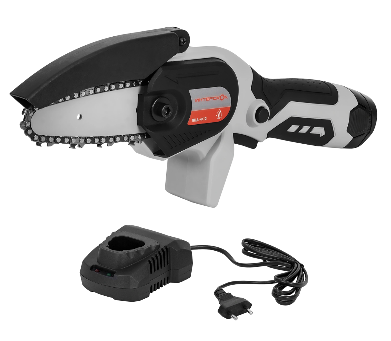 Аккумуляторная цепная пила ИНТЕРСКОЛ ПЦА-4/12, 12 В, 10 см, 3.9 м/с, с АКБ 2 Ач и ЗУ (811.0.0.70-B2C)