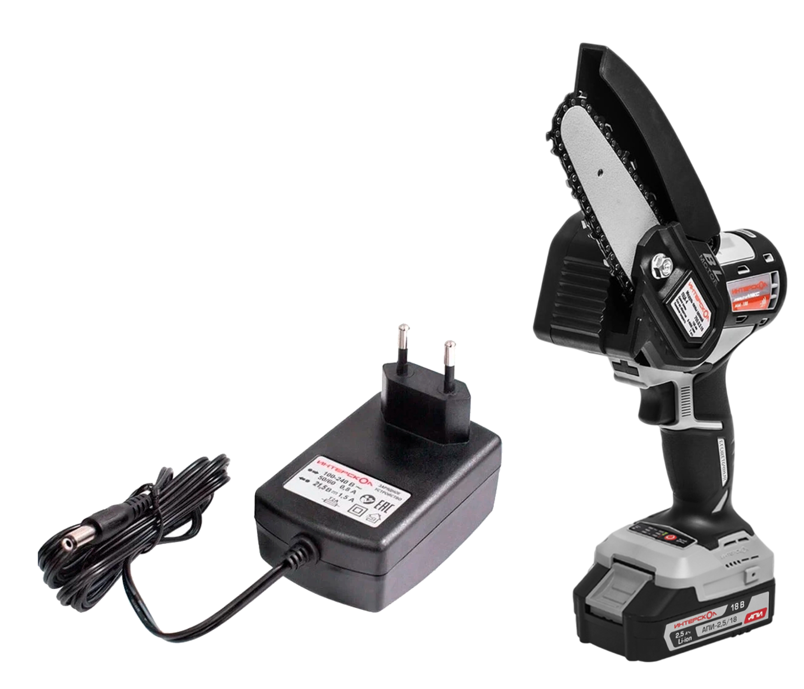 Аккумуляторная цепная пила ИНТЕРСКОЛ ПЦА-4 МультиМАКС18, 18 В, 10 см, с АКБ 2.5 Ач и ЗУ (755.1.3.48)