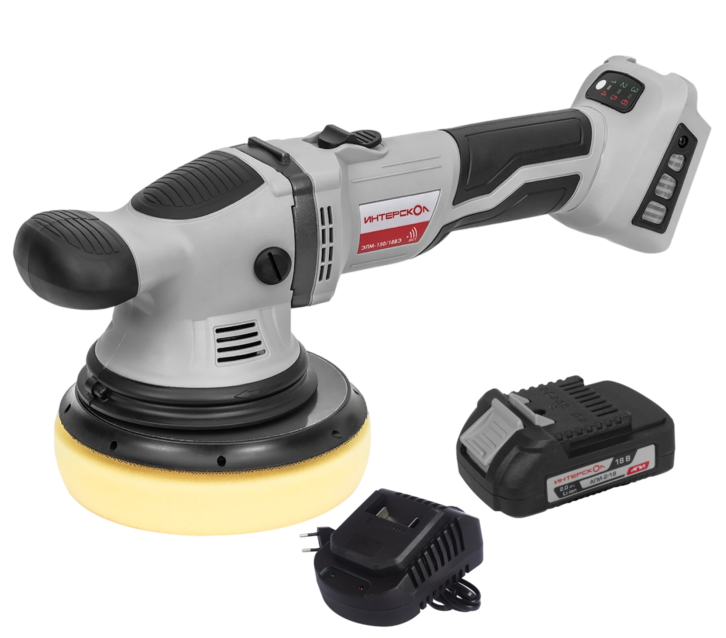 Аккумуляторная полировальная машина ИНТЕРСКОЛ ЭПМ-150/18ВЭ, 18 В, 150 мм, 4800 об/мин, с АКБ 2 Ач и ЗУ (691.1.0.70-B2C)
