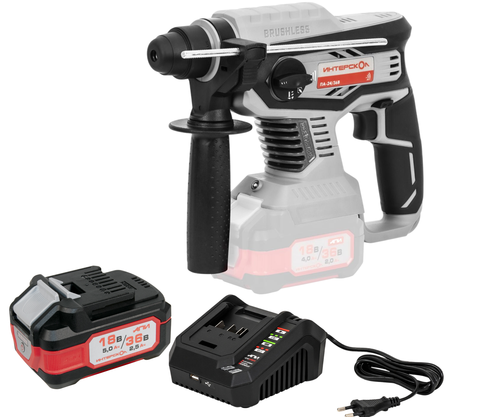 Аккумуляторный перфоратор ИНТЕРСКОЛ ПА-24/36В, 36 В, 2.2 Дж, 5300 уд/мин, с АКБ 2.5 Ач и ЗУ (823.0.0.70-B25C)