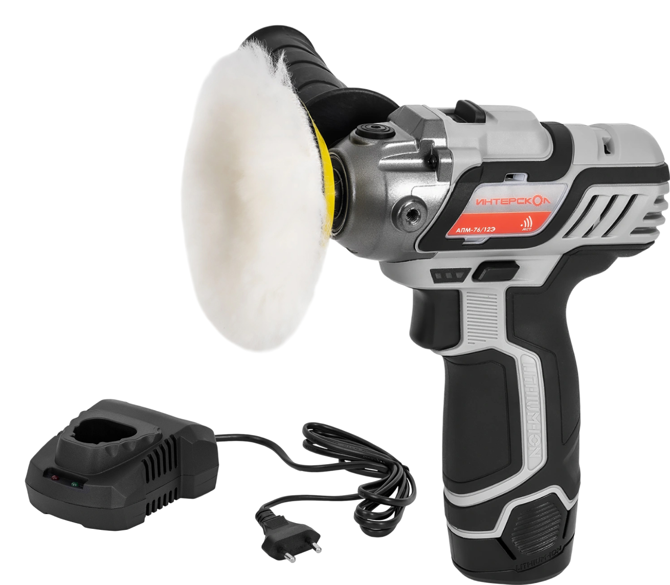 Аккумуляторная полировальная машина ИНТЕРСКОЛ АПМ-76/12Э, 12 В, 76 мм, 8300 об/мин, с АКБ 2 Ач и ЗУ (806.0.0.70-B2C)