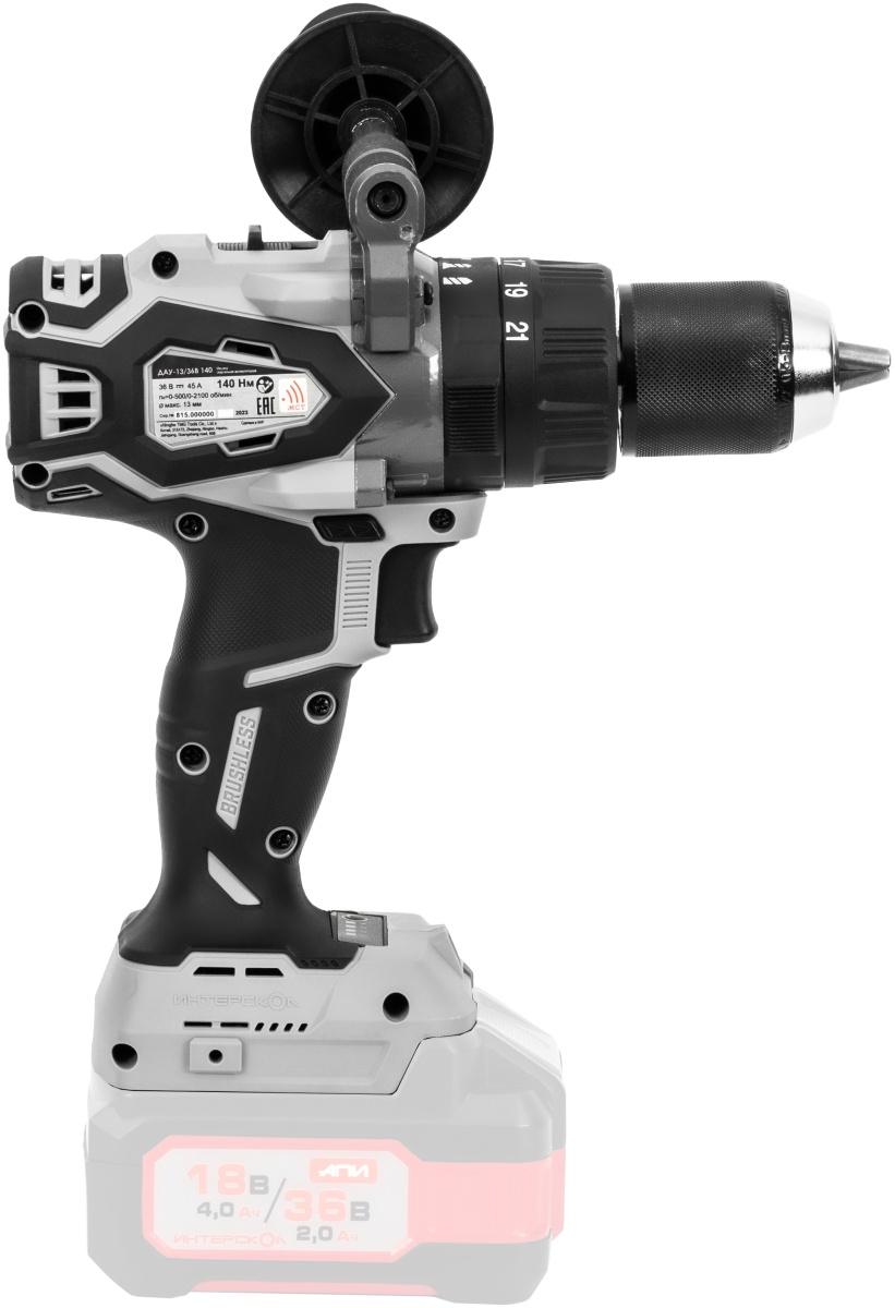 Аккумуляторная ударная дрель-шуруповерт ИНТЕРСКОЛ ДАУ-13/36В 140, 36 В, 2250 об/мин, 30000 уд/мин, с АКБ 4 Ач и ЗУ (852.0.0.70-B4C)