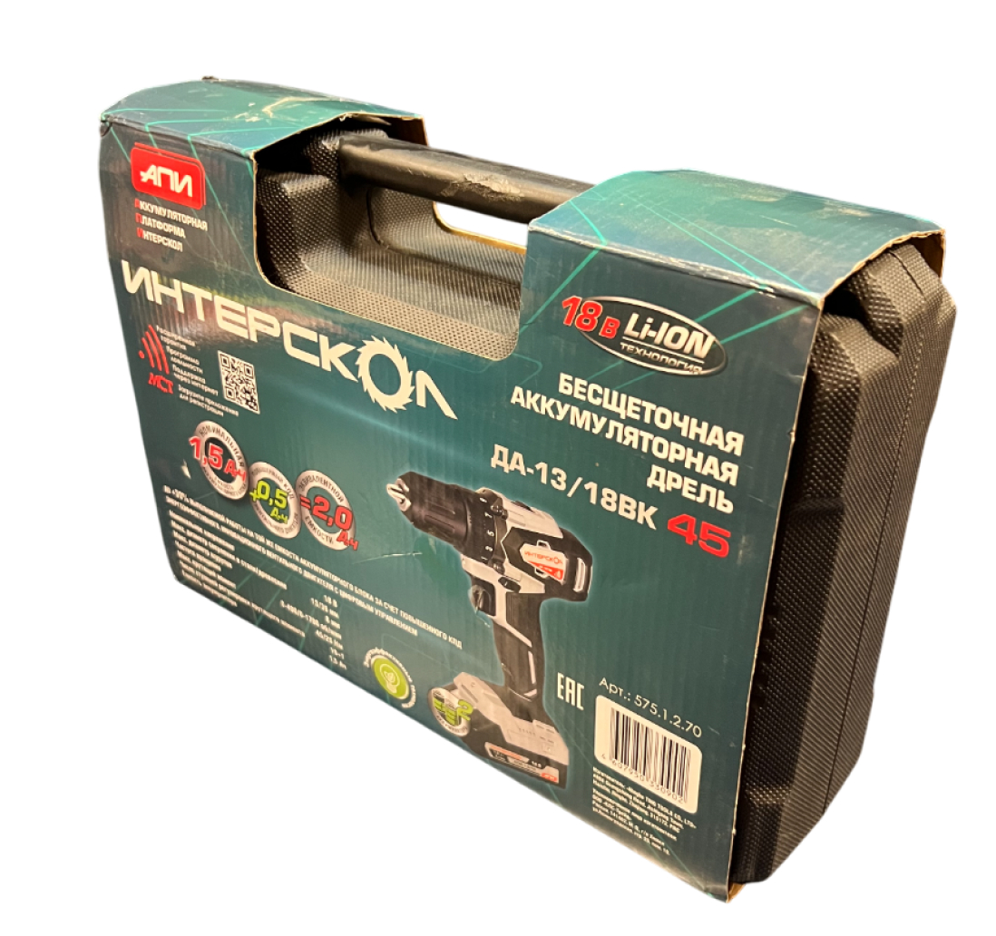 Аккумуляторная дрель-шуруповерт ИНТЕРСКОЛ ДА-13/18ВК 45, 18 В, 1700 об/мин, с 2 АКБ 1.5 Ач и ЗУ, в кейсе (УЦЕНЕННЫЙ ТОВАР) (575.1.2.70/U)