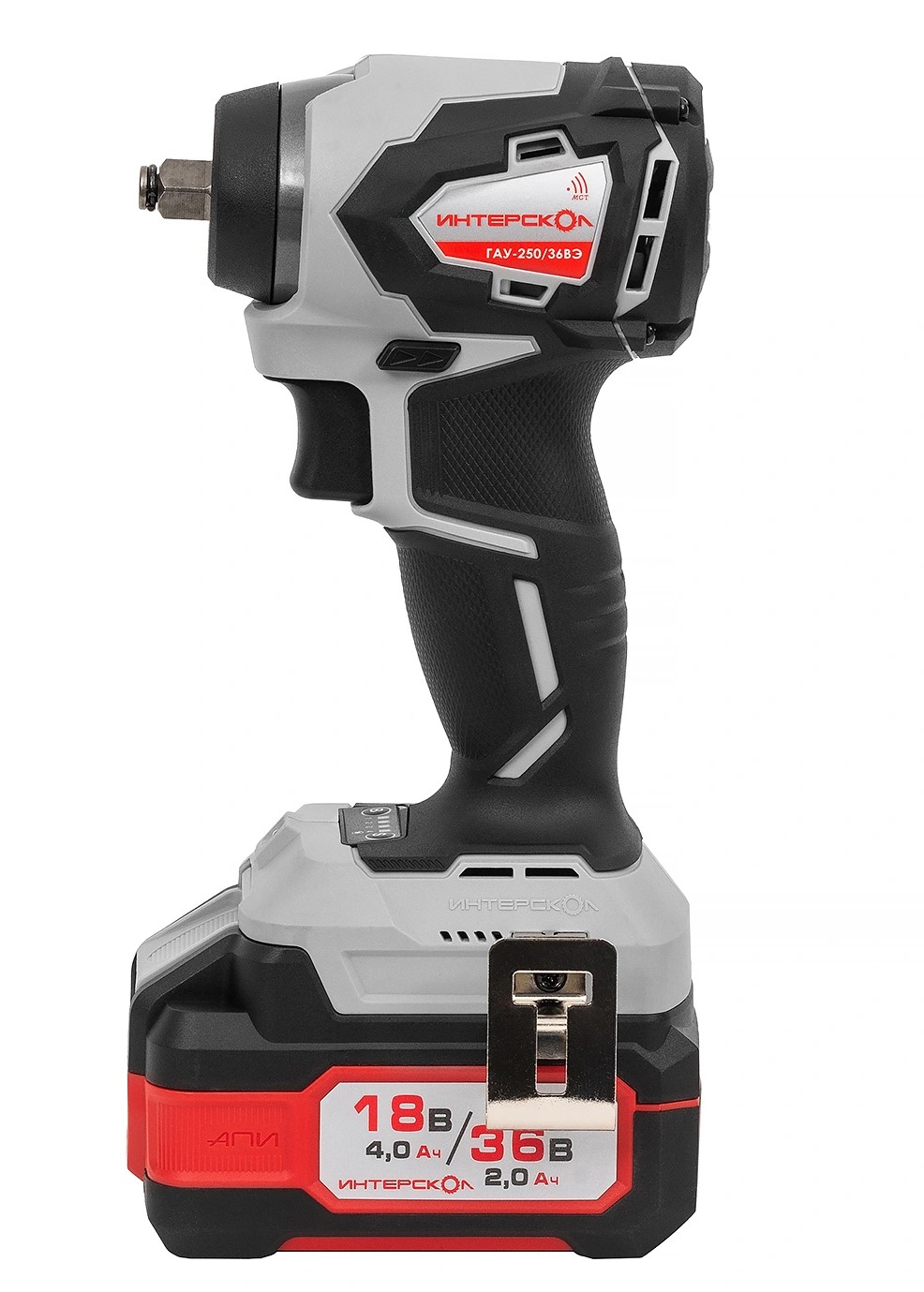 Аккумуляторный ударный гайковерт ИНТЕРСКОЛ ГАУ-250/36ВЭ, 36 В, 250 Нм, 3200 уд/мин, с 2 АКБ 2 Ач и ЗУ, в кейсе (863.2.2.70)