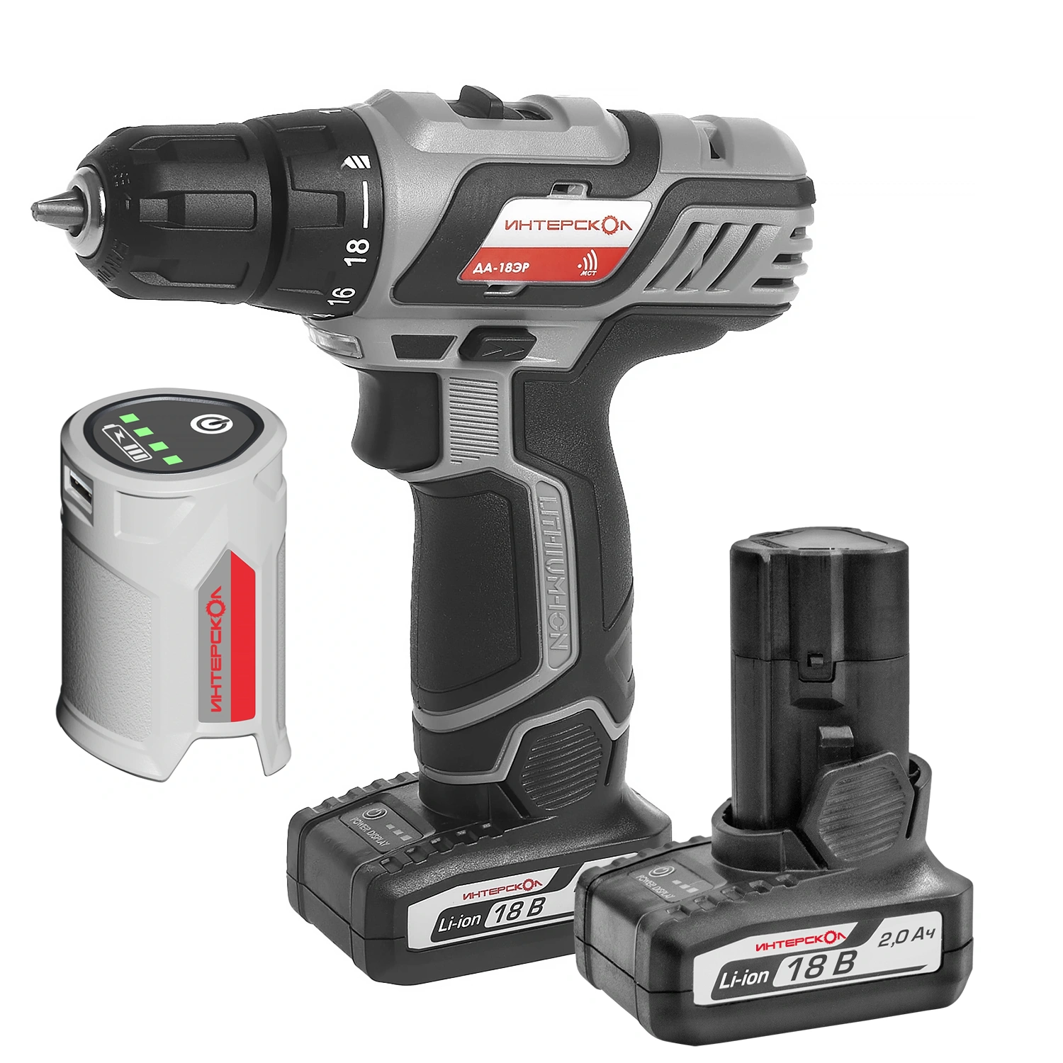 Аккумуляторная дрель-шуруповерт ИНТЕРСКОЛ ДА-18ЭР, 18 В, 1400 об/мин, C 2 АКБ 2 Ач+ USB адаптер ЗУ (436.2.2.15)