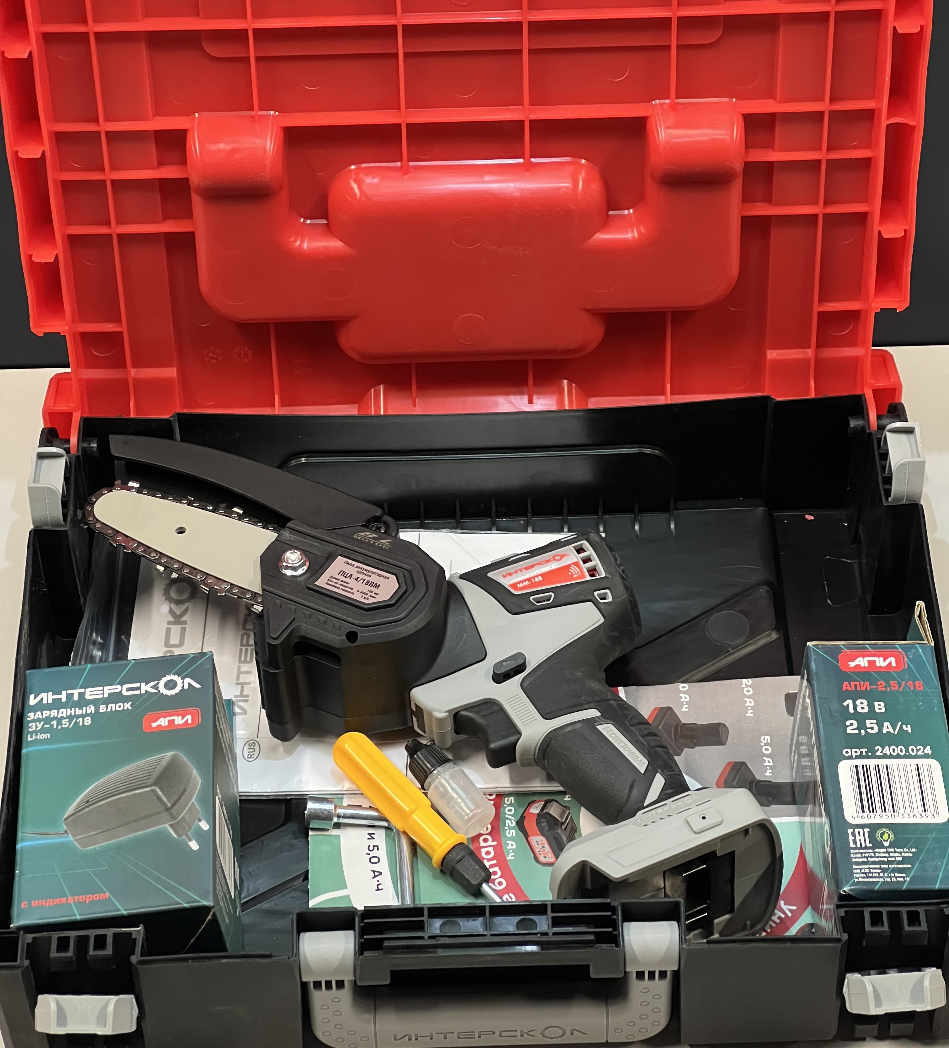 Аккумуляторная цепная пила ИНТЕРСКОЛ ПЦА-4 МультиМАКС18, 18 В, 10 см, (УЦЕНЕННЫЙ ТОВАР) (755.1.3.47/U)