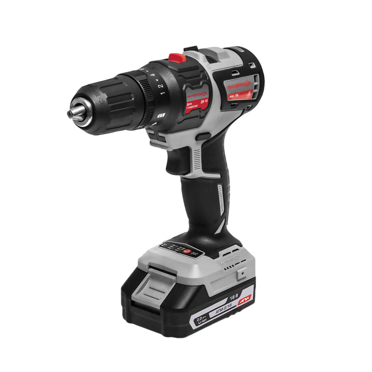 Дрель-шуруповерт ИНТЕРСКОЛ ДА-10/18В 44 МультиМАКС18, 18 В, 1450 об/мин, c 2 АКБ 2 Ач и ЗУ, в кейсе + биты (755.2.1.47)