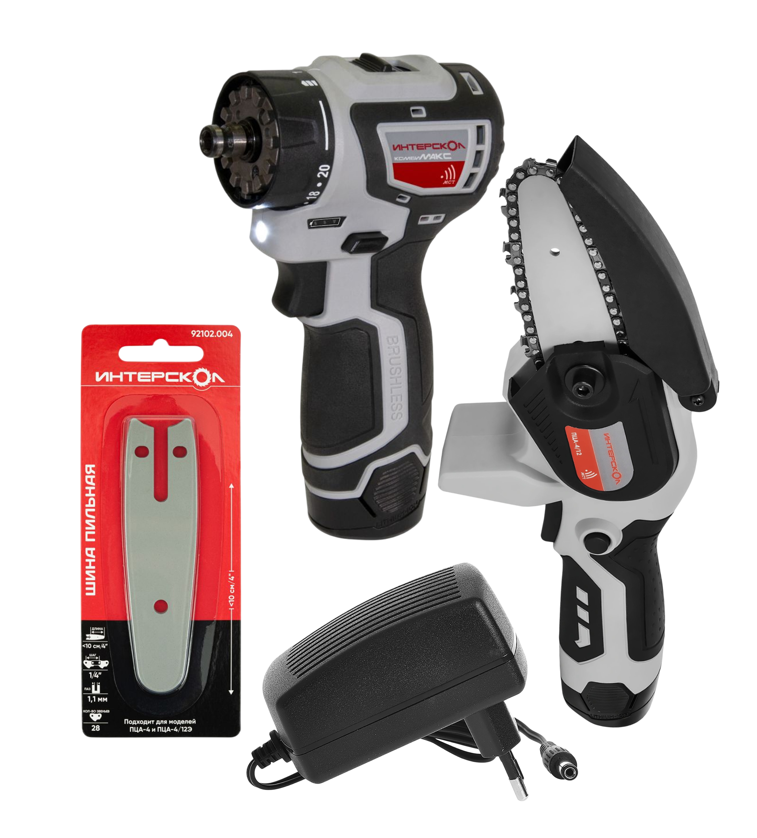 Набор аккумуляторного инструмента ИНТЕРСКОЛ 12 В: дрель-шуруповерт ДА-10/12В 36 + цепная пила ПЦА-4/12 + шина, с 2 АКБ 2 Ач и ЗУ