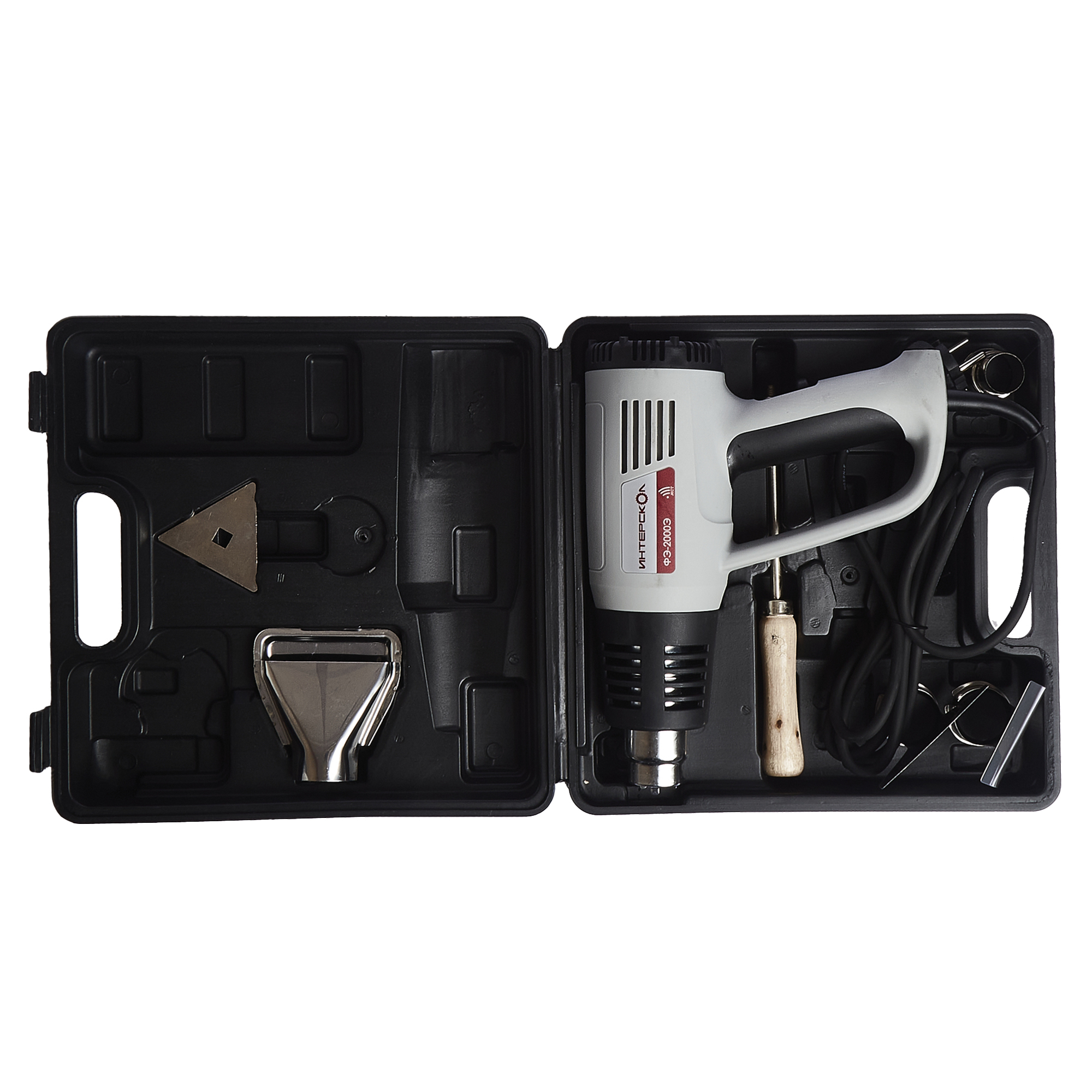 Строительный фен ИНТЕРСКОЛ ФЭ-2000Э, 2000 Вт, 600°С, 500 л/мин, кейс, 4 насадки, 192.0.1.00